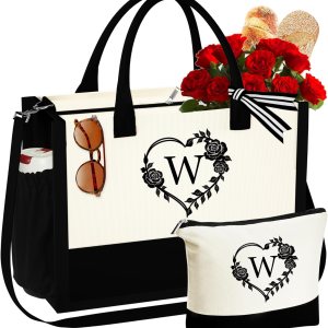 YOOLIFE Bolsa de lona con inicial, bolsa de playa con cremallera, bolsa de maquillaje, regalo de cumpleaños, día de San Valentín, para mujeres, YOOLIFE Bolsa de lona con inicial, bolsa de playa con cremallera, bolsa de maquillaje, regalo de cumpleaños, día de San Valentín, para mujeres,