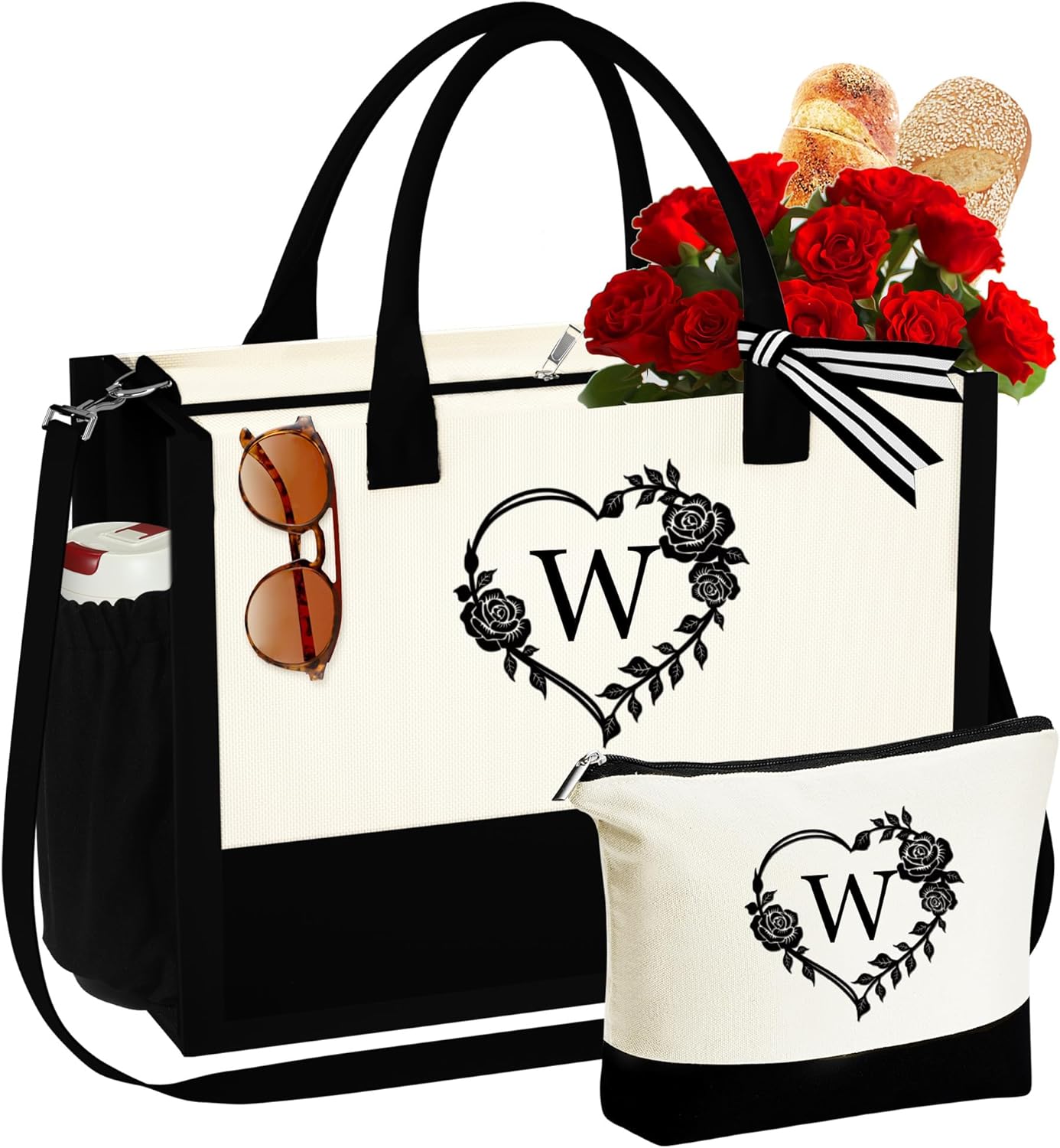 YOOLIFE Bolsa de lona con inicial, bolsa de playa con cremallera, bolsa de maquillaje, regalo de cumpleaños, día de San Valentín, para mujeres,
