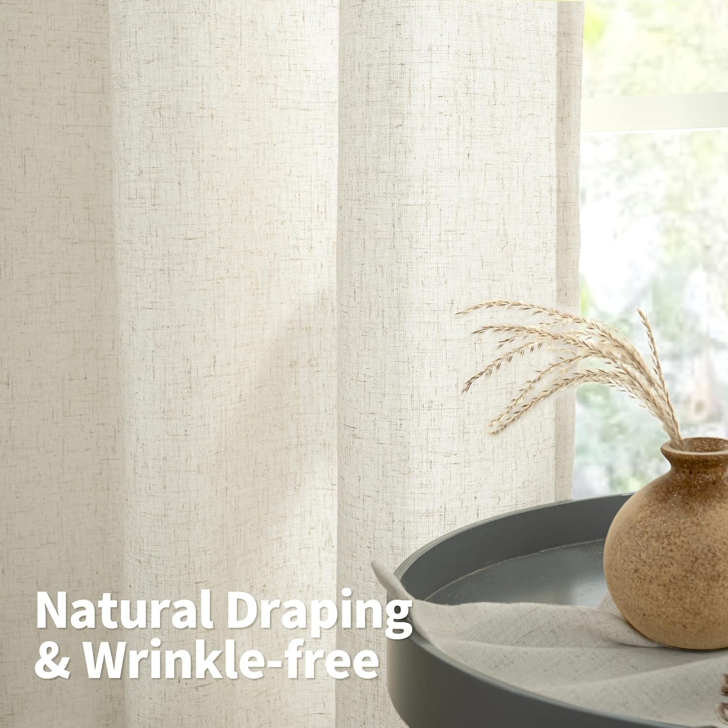 YoungsTex Cortinas de lino natural de 95 pulgadas de largo para sala de estar, filtrante de luz, con ojales, cortinas largas de lino para ventana de