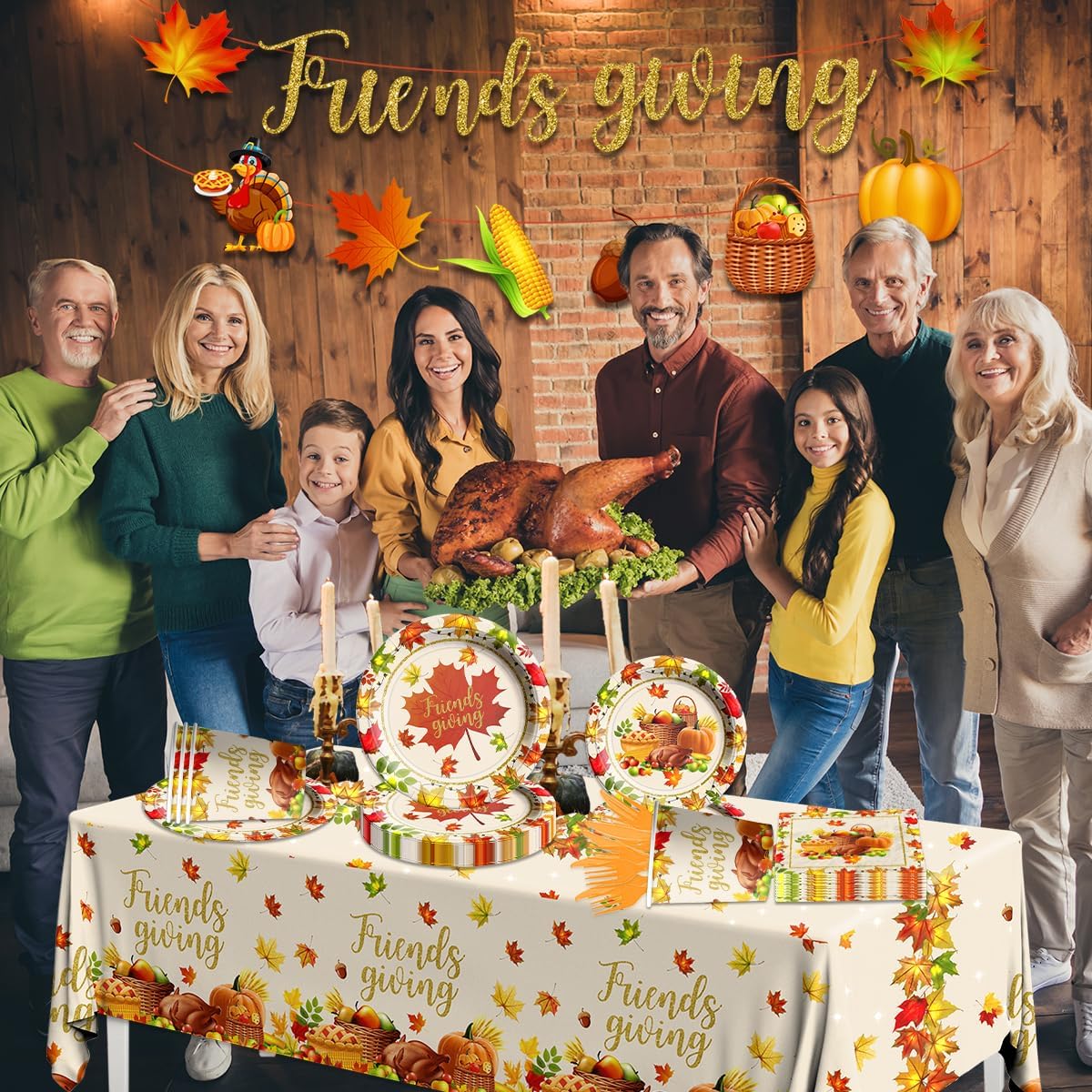 Decoraciones para fiestas de amigos, 142 piezas de vajilla de otoño, incluye platos de papel, mantel, tazas, calabaza, arce, pavo, decoraciones