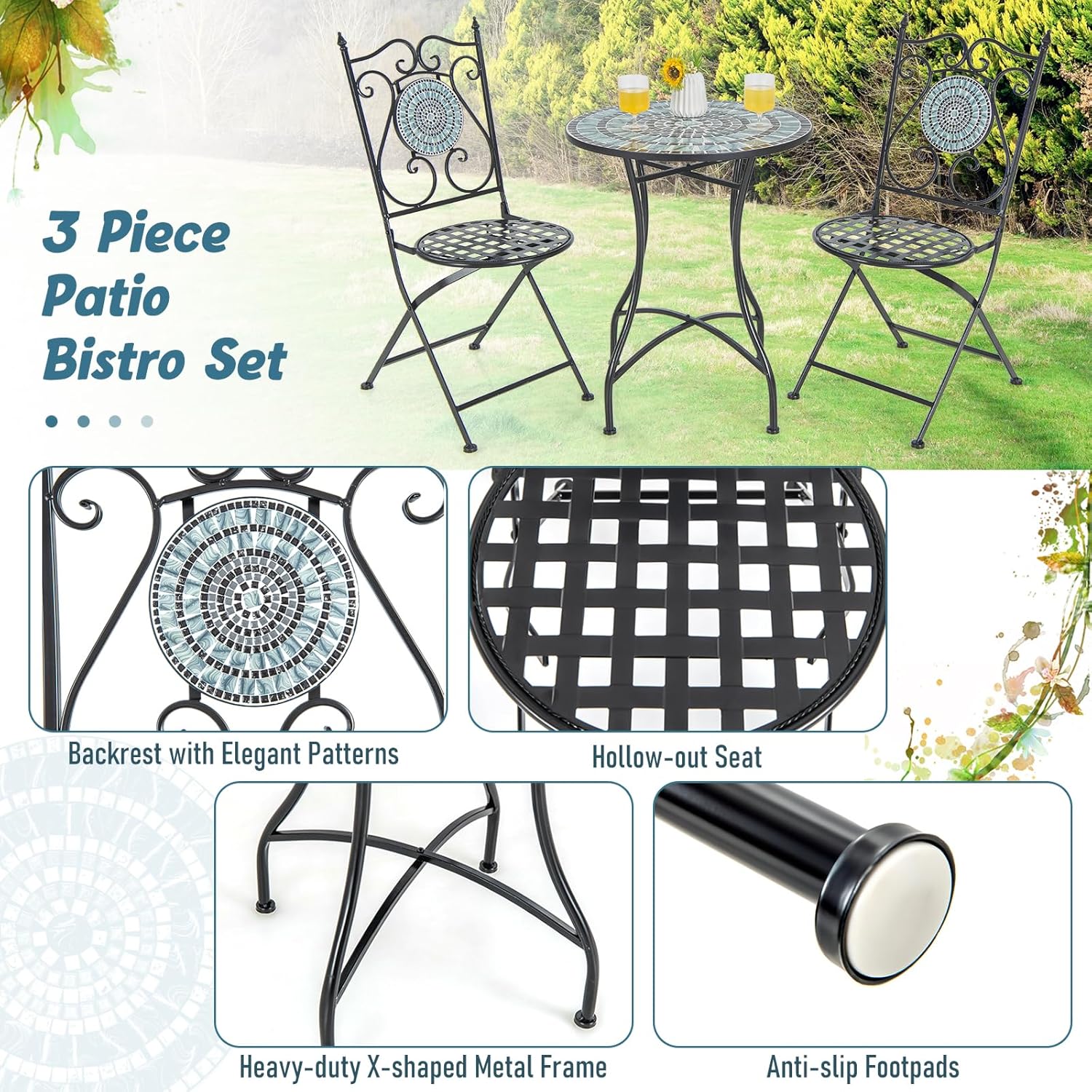 Giantex Juego de 2 mesas y sillas de bistró, mesa de patio de mosaico de 3 piezas con sillas plegables, marco de acero, juego de muebles de patio