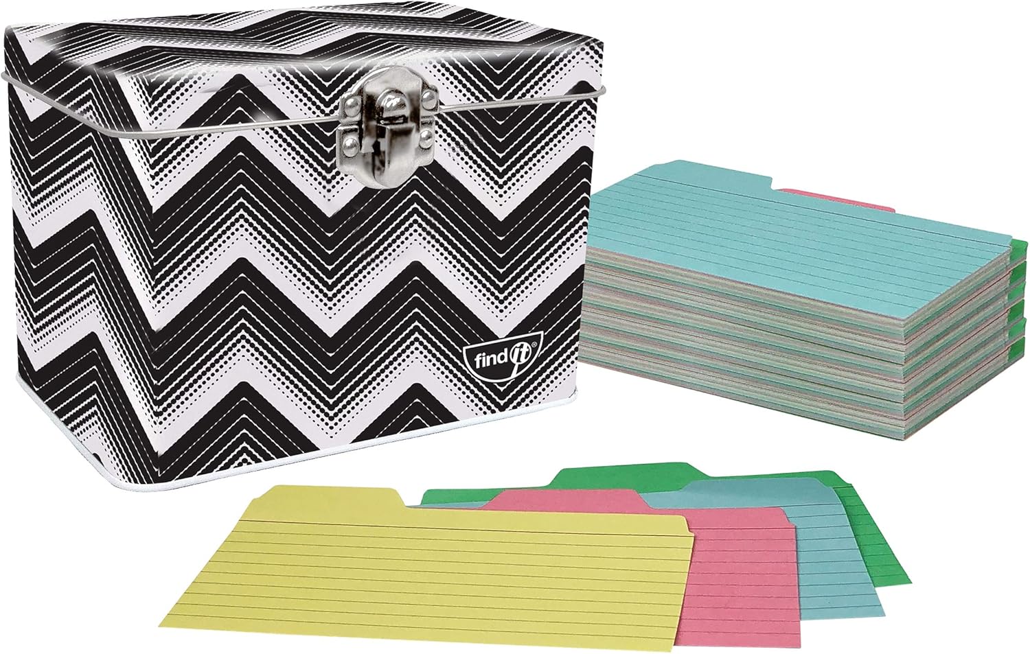 Find It FT07589 – Tarjetas de índice con pestañas, 3 x 5 pulgadas, colores surtidos, paquete de 288 con caja de ficha de índice, patrón de cheurón,