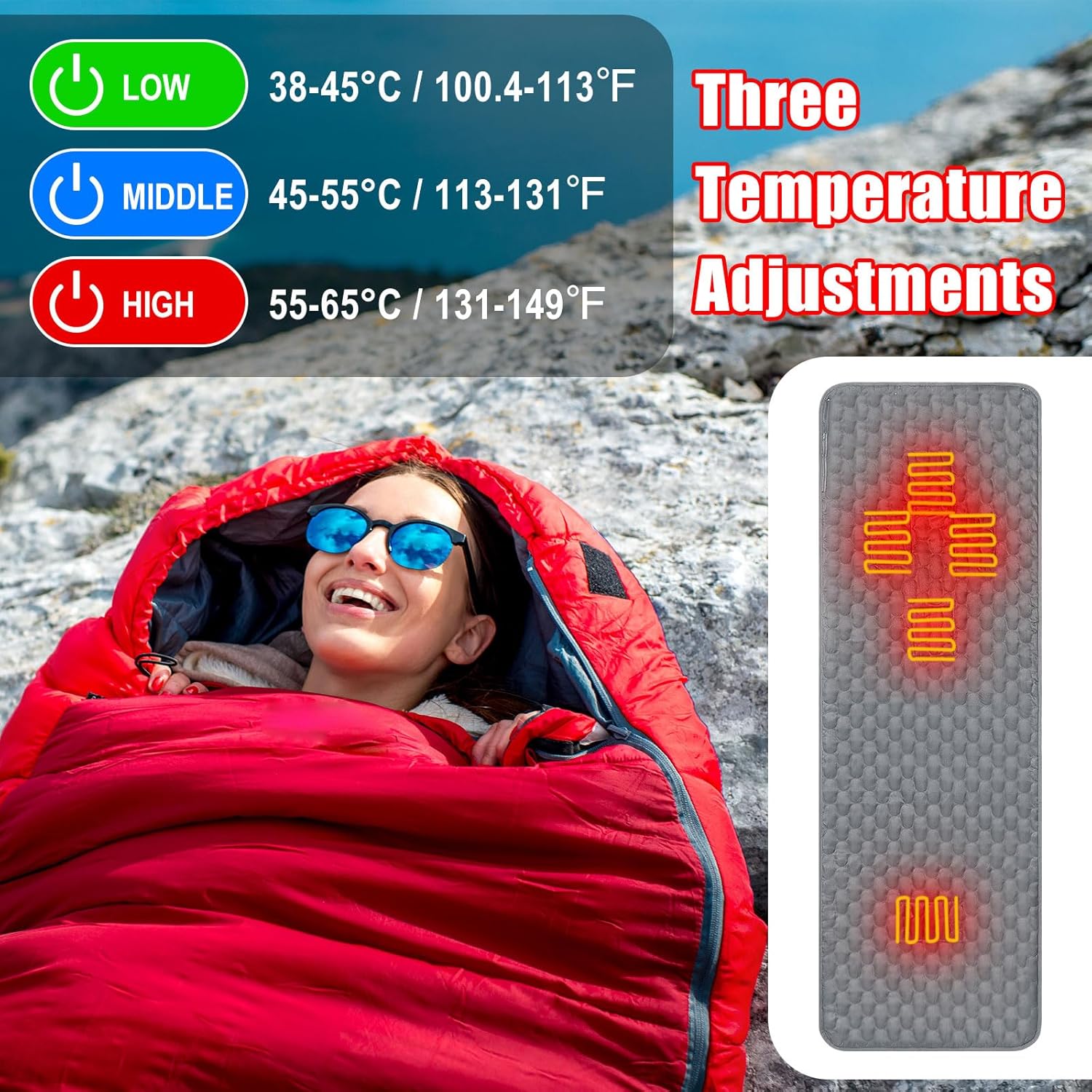 Newwiee 2 almohadillas para saco de dormir con calefacción de 5 V, soporte de alimentación USB, saco de dormir de 78 x 24 pulgadas, calentador de
