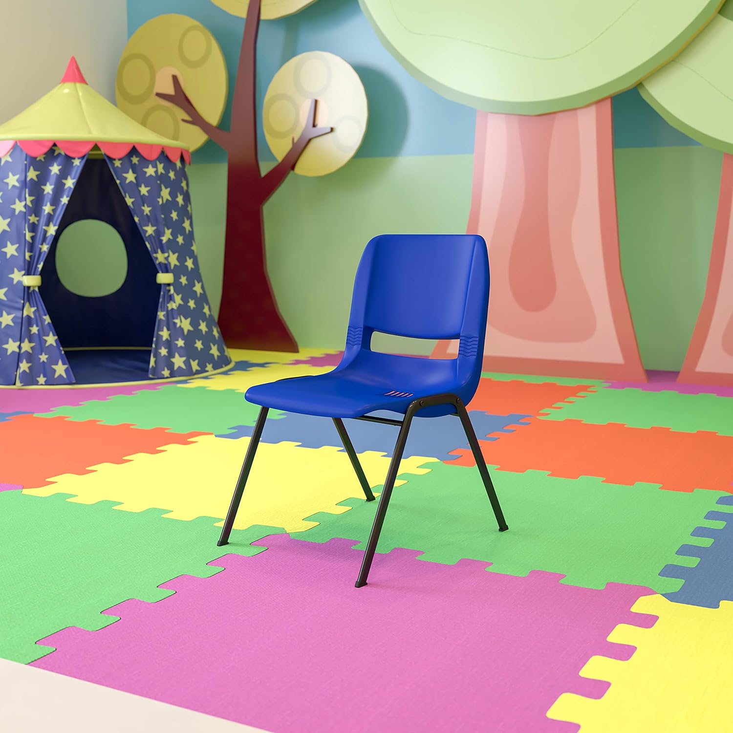 BizChair Silla apilable ergonómica azul marino para niños, marco negro y asiento de 14 pulgadas de alto