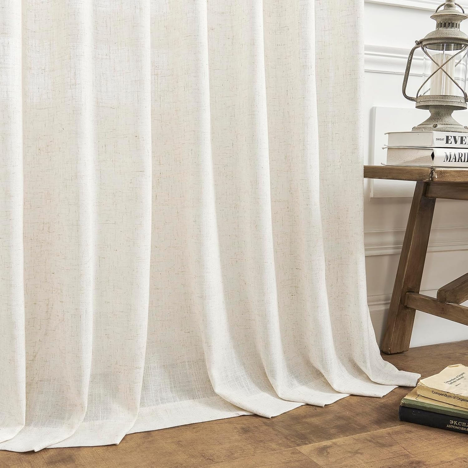 Maison Colette Cortina plisada de lino natural transparente de 95 pulgadas de largo, con pestaña trasera, cortinas de gasa transparente para