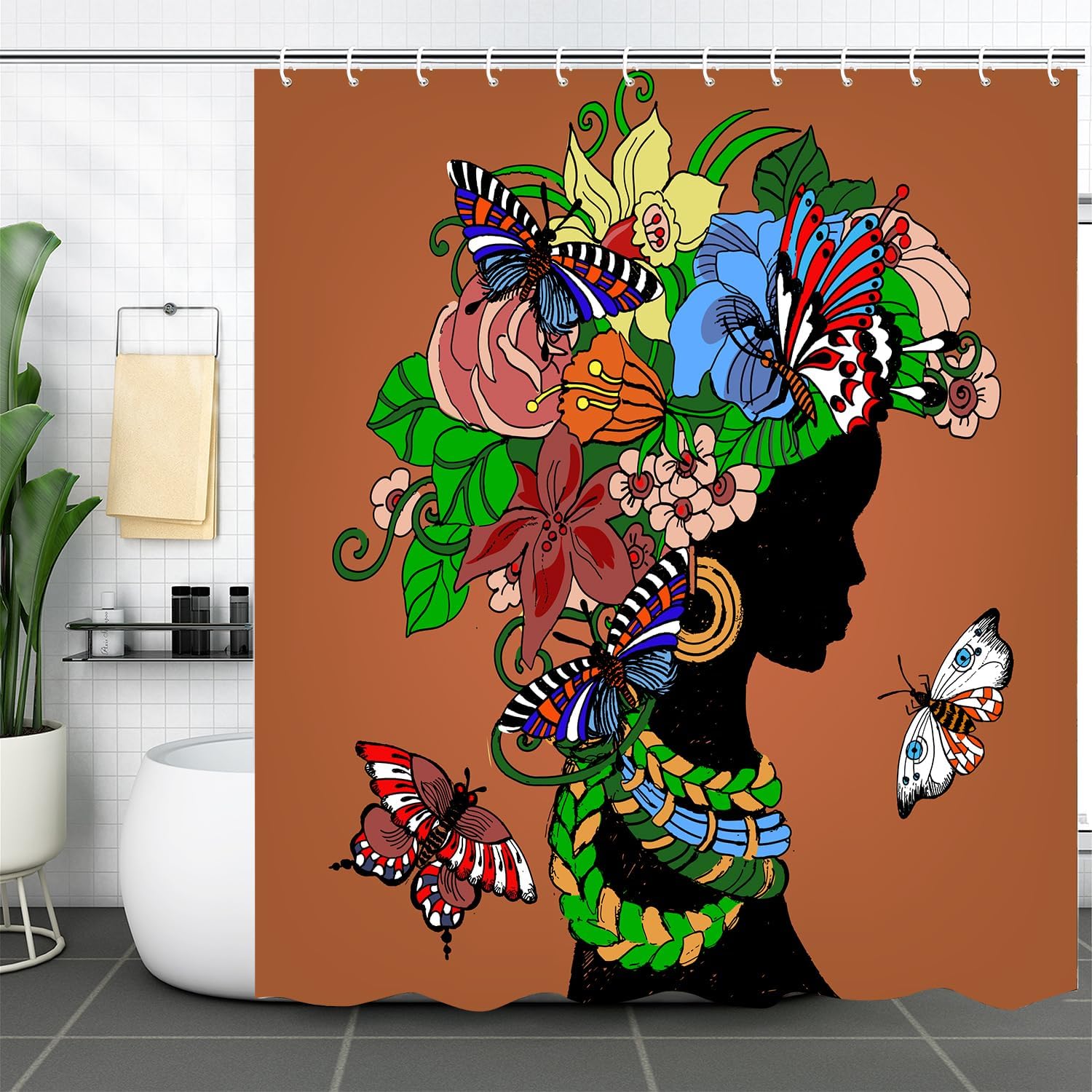 Cortina de ducha de mujer africana, cortinas de ducha de niña negra afroamericana, divertidas, juego de cortinas de ducha de tela de arte negro,