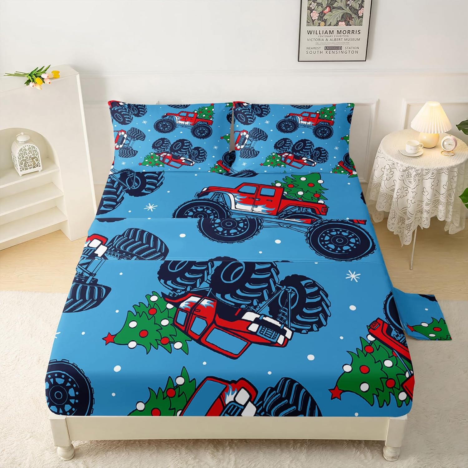 Juego de sábanas de camión, tamaño individual, juego de sábanas para niños, ropa de cama con estampado de camión de árbol de Navidad, ultra suave,