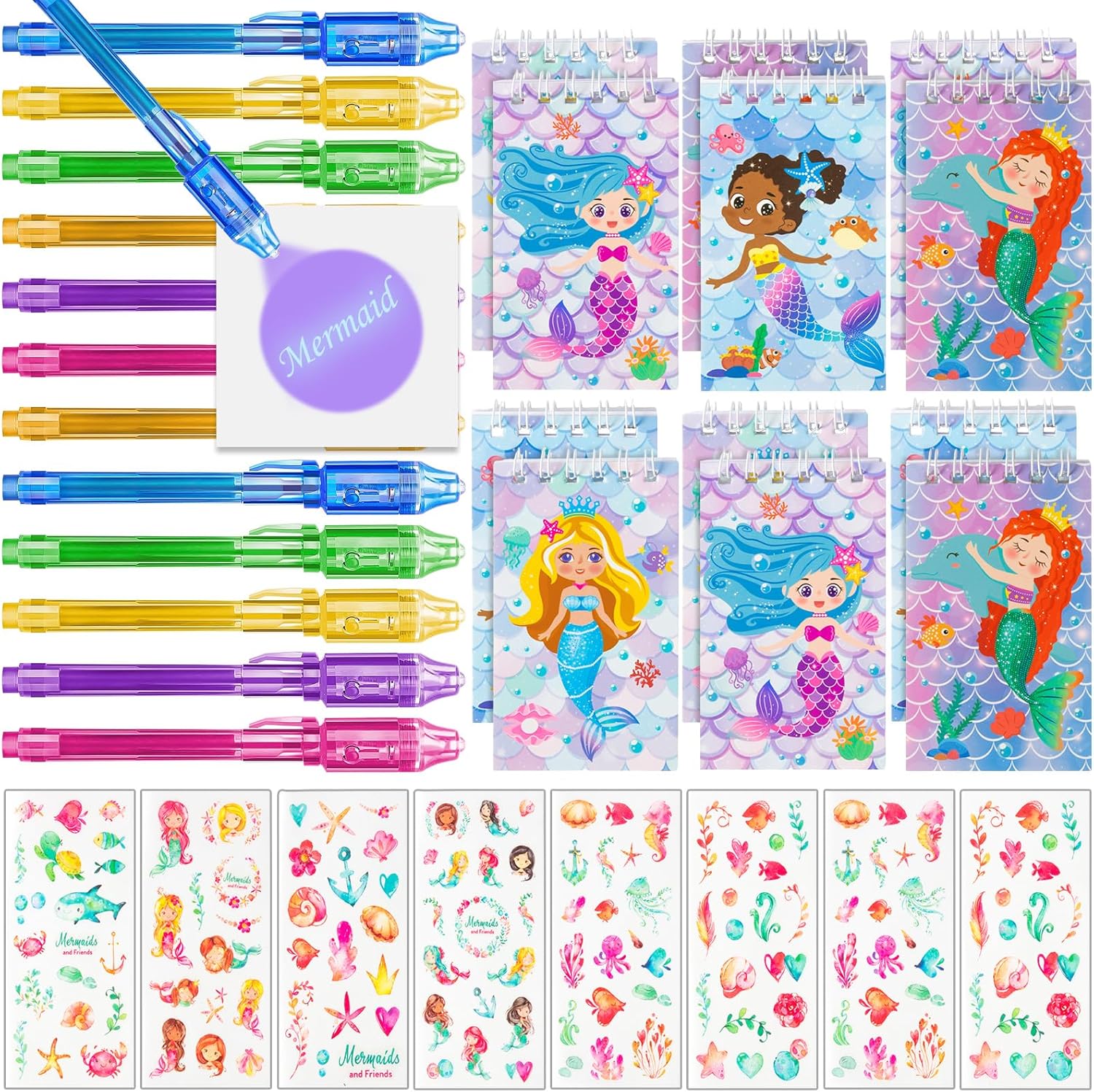 Winrayk Regalos de fiesta de sirena, suministros de cumpleaños para niñas, bolígrafos de tinta invisible, mini cuadernos, calcomanías para niños,