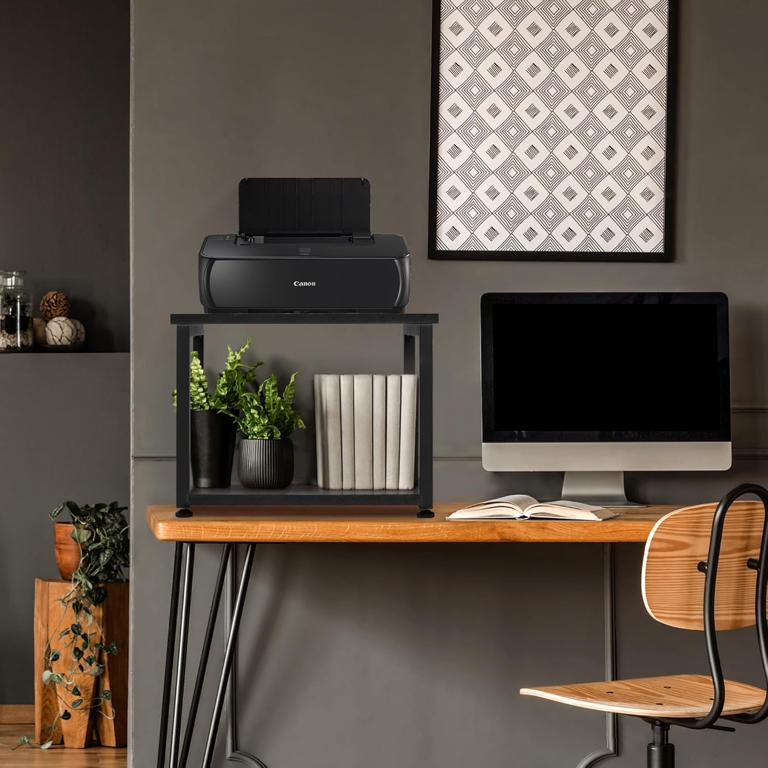Cakokow Soporte para impresora debajo del escritorio, mesa de impresora móvil industrial de 2 niveles con estante de almacenamiento, carrito de