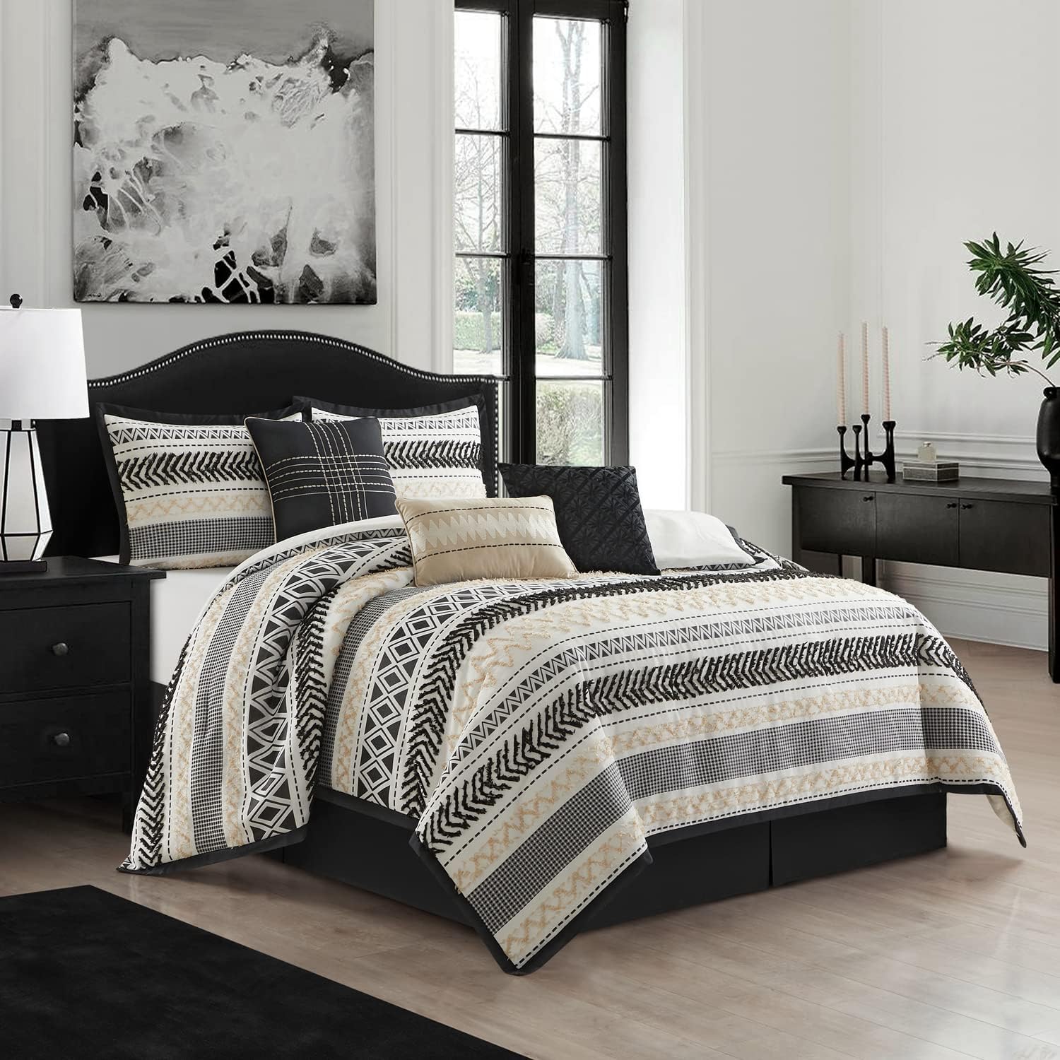 Grand Avenue Juego de edredón negro y dorado, tamaño California King, juego de ropa de cama suave de 7 piezas, jacquard y clip, para todas las