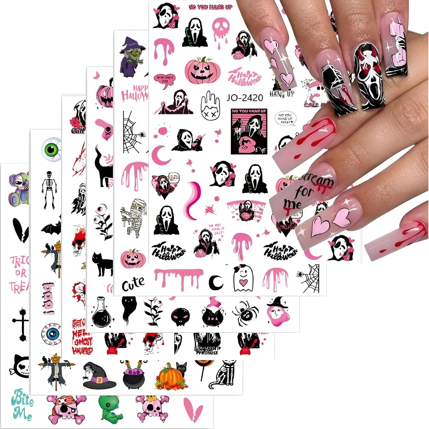 8 hojas de calcomanías de arte de uñas de Halloween, diseño de calavera rosa, fantasma, araña, calabaza, calabaza, suministros de arte de uñas,
