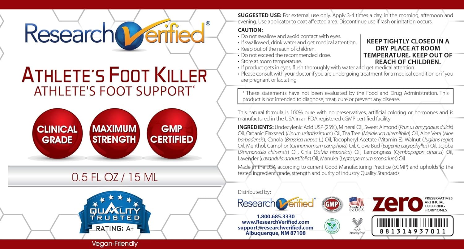 Research Verified Athlete’s Foot Killer – Alivio de pie de atleta superior – 25% ácido undecilénico y aceite de árbol de té. Reduce la duración,