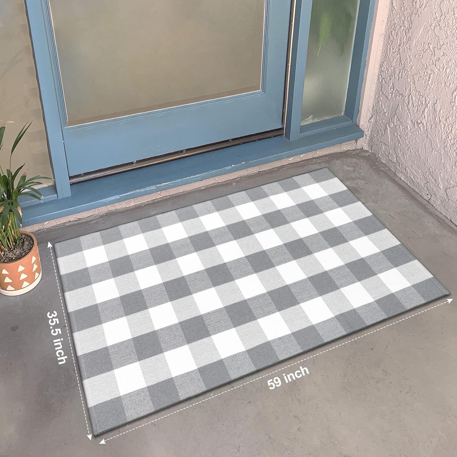 LEEVAN Alfombra de algodón a cuadros de búfalo de 3 x 5 pulgadas, alfombra a cuadros color gris, lavable, tejida para exteriores, porche,