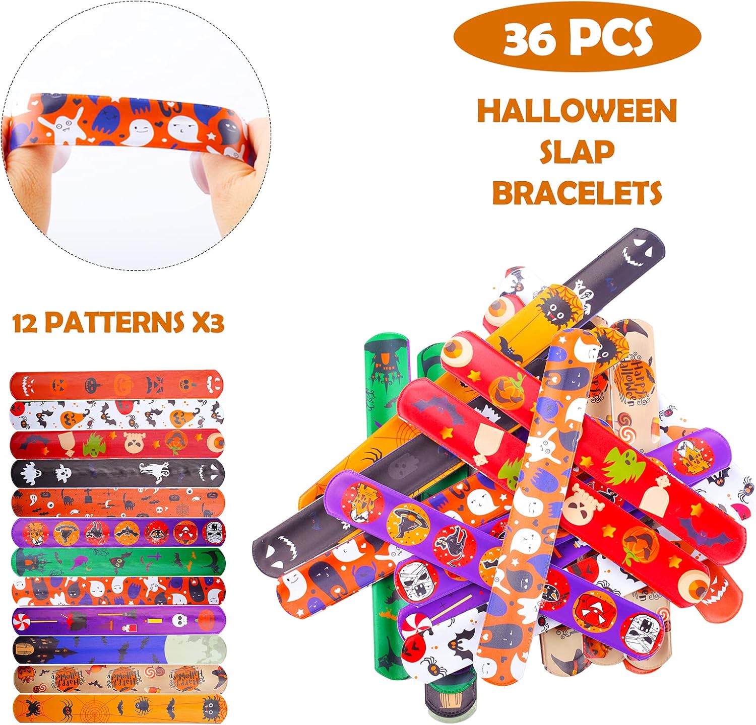 Pulseras de Halloween para niños, 36 pulseras de Halloween a granel, juguetes de fiesta de Halloween para niños, 12 pulseras de diseño diferentes a