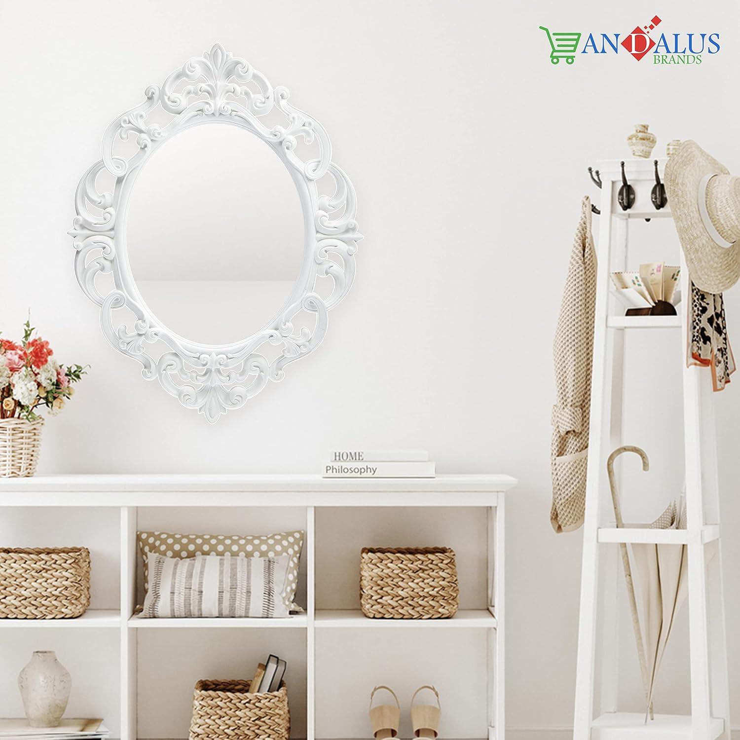 ANDALUS Espejo vintage ovalado blanco pequeño con práctico gancho de diente de sierra en la parte posterior, paquete de 2, espejo de pared ligero