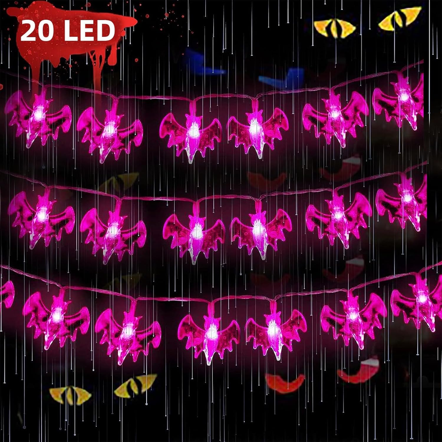 KITCHSTAR Guirnalda de luces de Halloween a pilas de 9.8 pies, 20 luces LED 3D de murciélagos de Halloween, 2 modos de luz, luces de decoración de