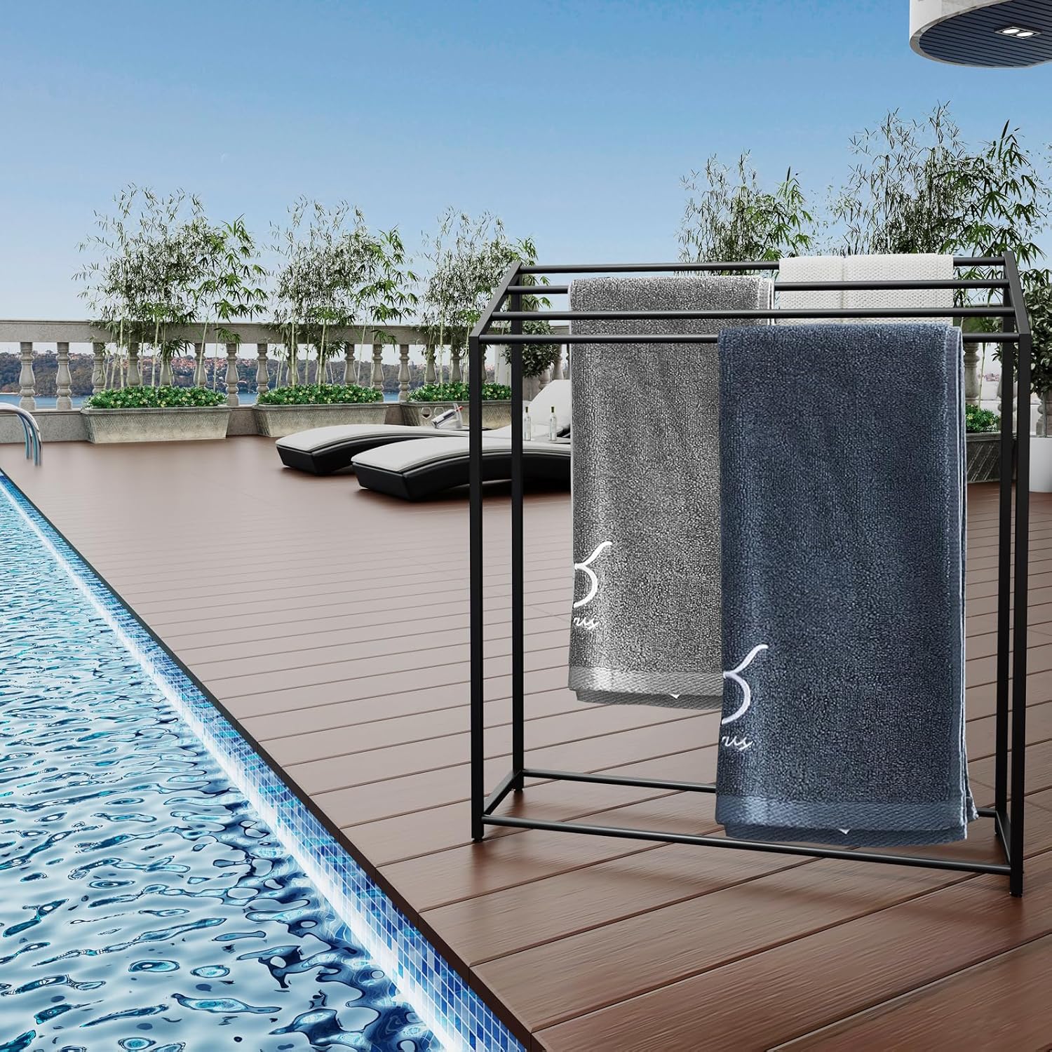 Toallero de pie para baño, grande de 4 niveles, soporte de toalla de metal para piscina, toallas de baño de gran tamaño, estante de secado para