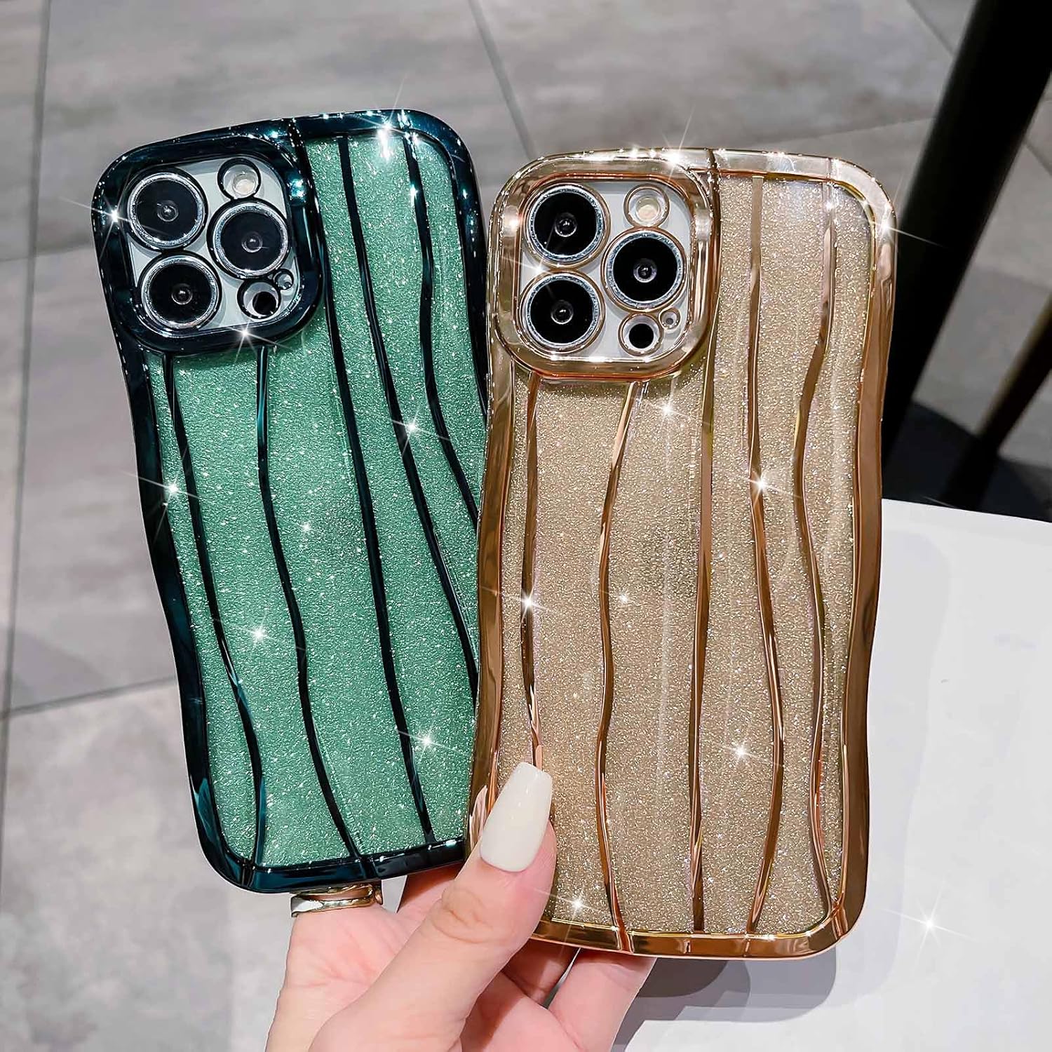 VirgoCCY Funda con purpurina con patrón de ondas de agua para iPhone 13 Pro Max, funda protectora de TPU suave para mujeres y niñas, con marco de