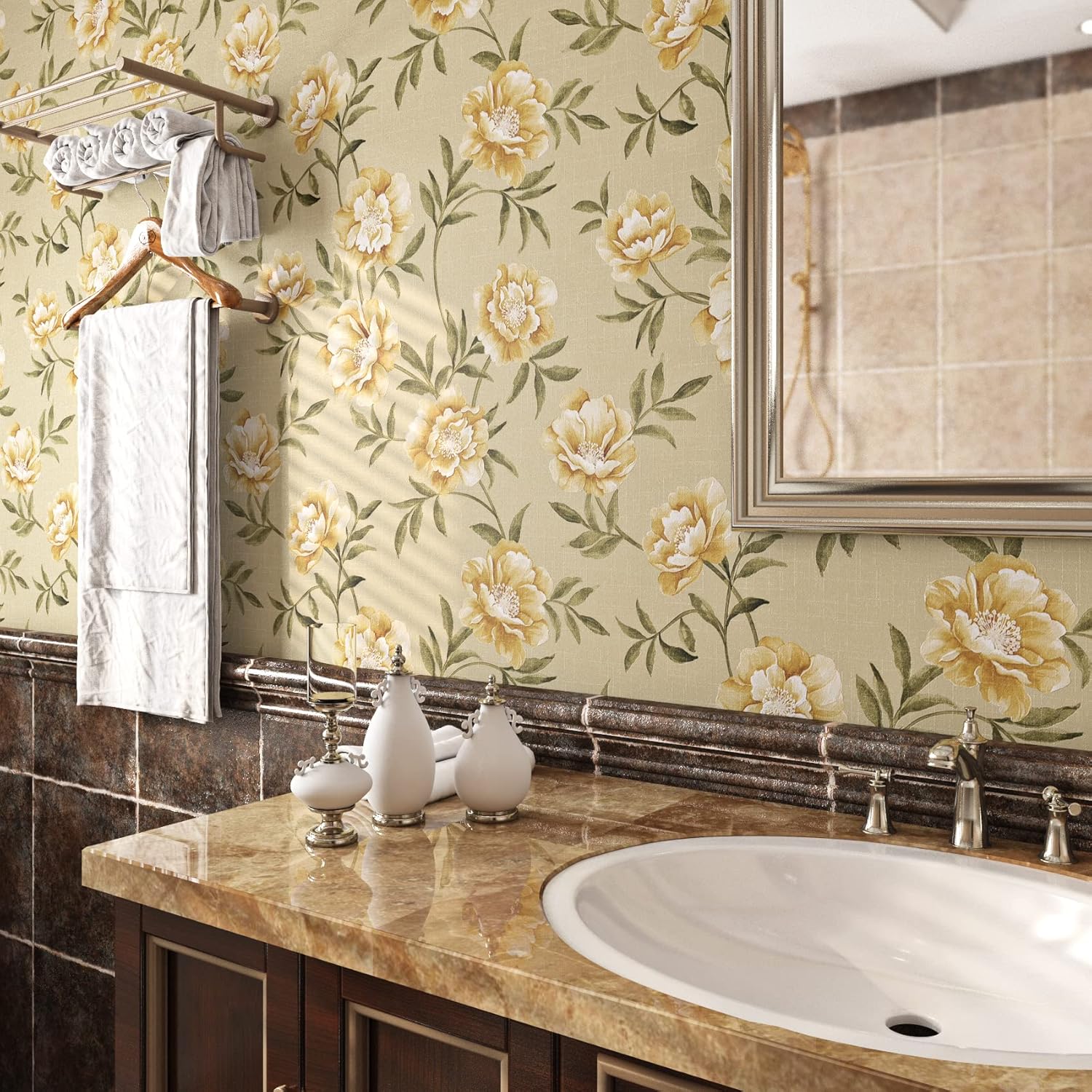 Papel tapiz autoadhesivo vintage francés de 17.5 pulgadas x 23 pies, papel de contacto extraíble para dormitorio, baño, flores de oro amarillo,
