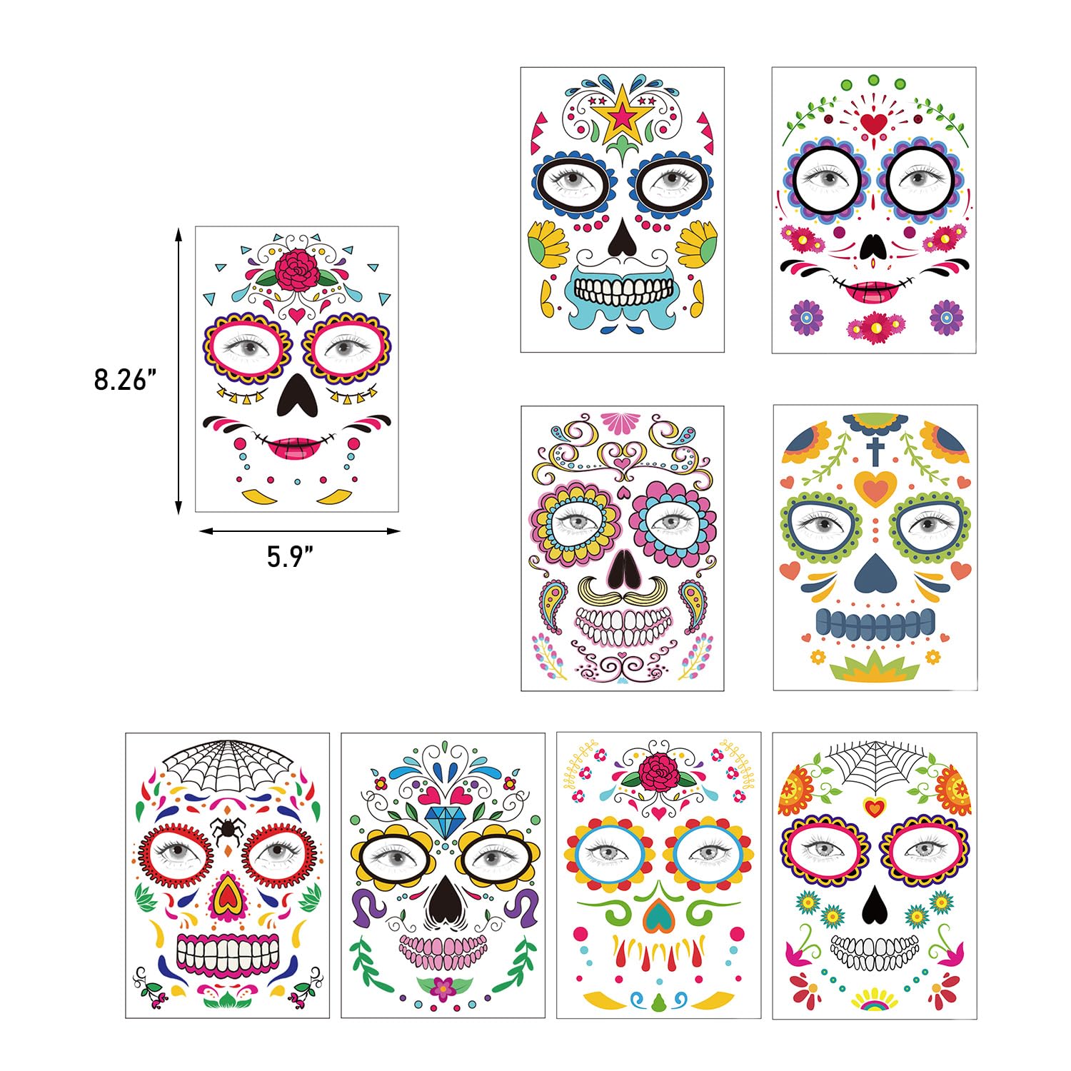 Día de los Muertos Tatuajes de Calavera de Azúcar Floral Negro Esqueleto Web Rosas Rojas Disfraz de Halloween Tatuajes Temporales 9 Hojas
