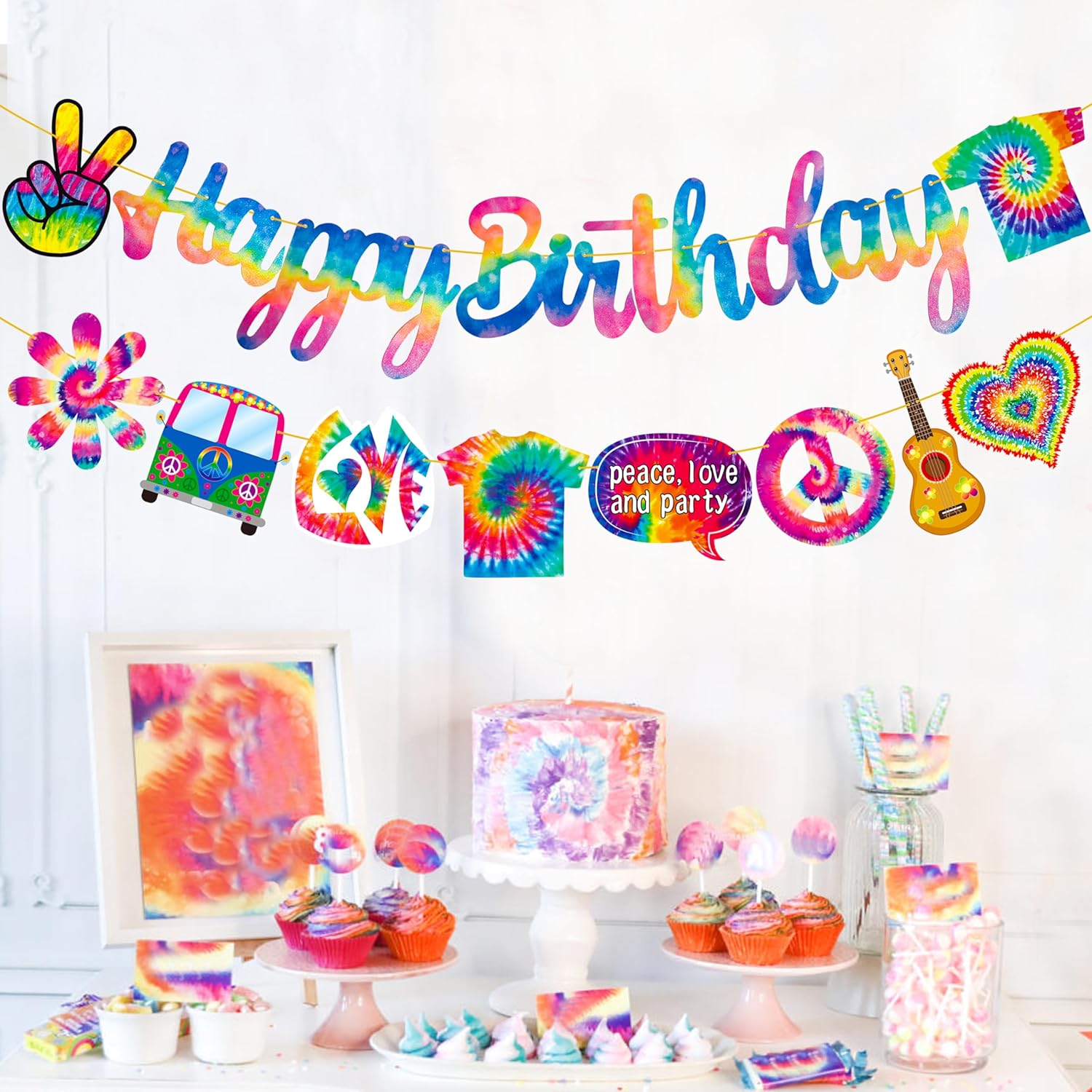 Cartel de fiesta de feliz cumpleaños teñido anudado decoración de fiesta temática artística para fiesta de teñido anudado, fiesta de arte de los