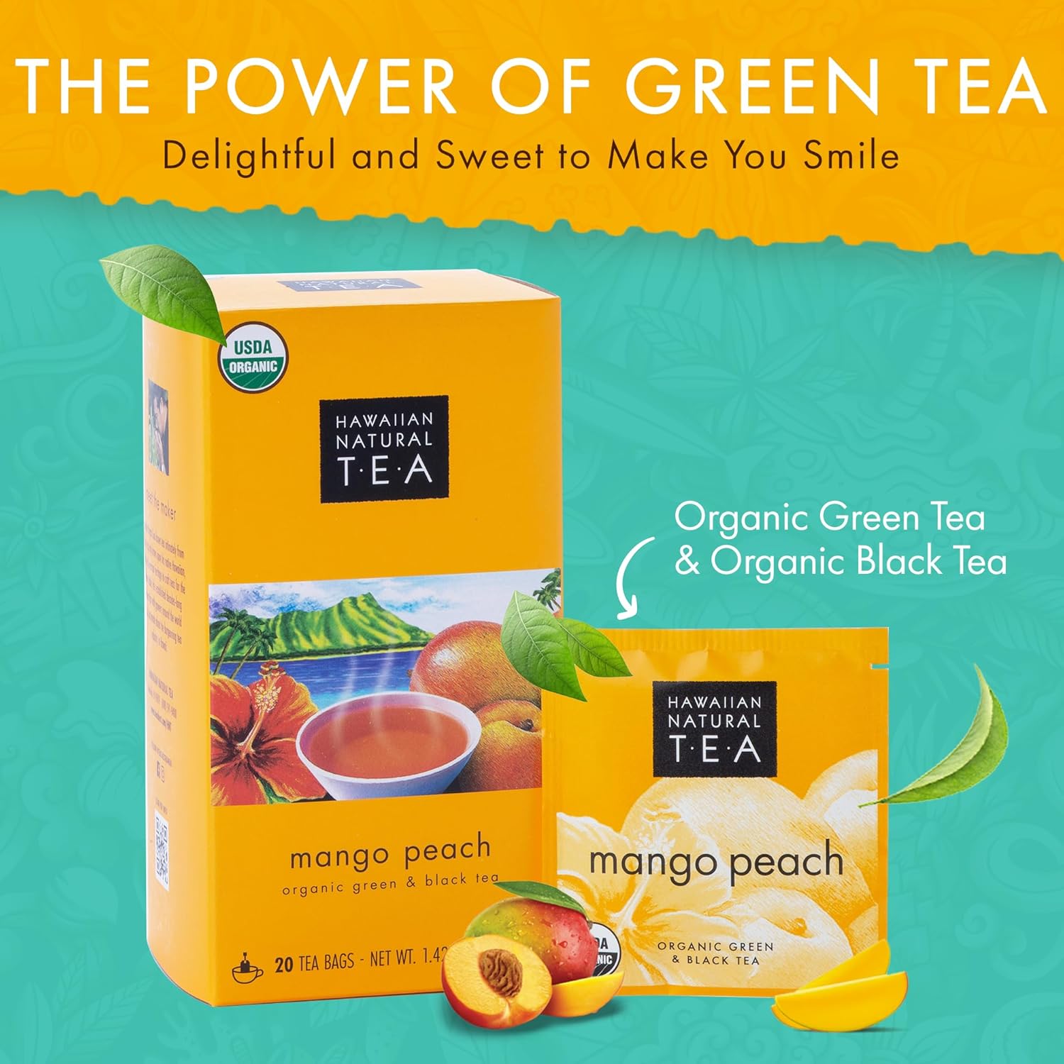 Té natural hawaiano con sabor a melocotón y mango – Mezcla de té verde de frutas tropicales con té negro – Taza diaria perfecta y regalo para los