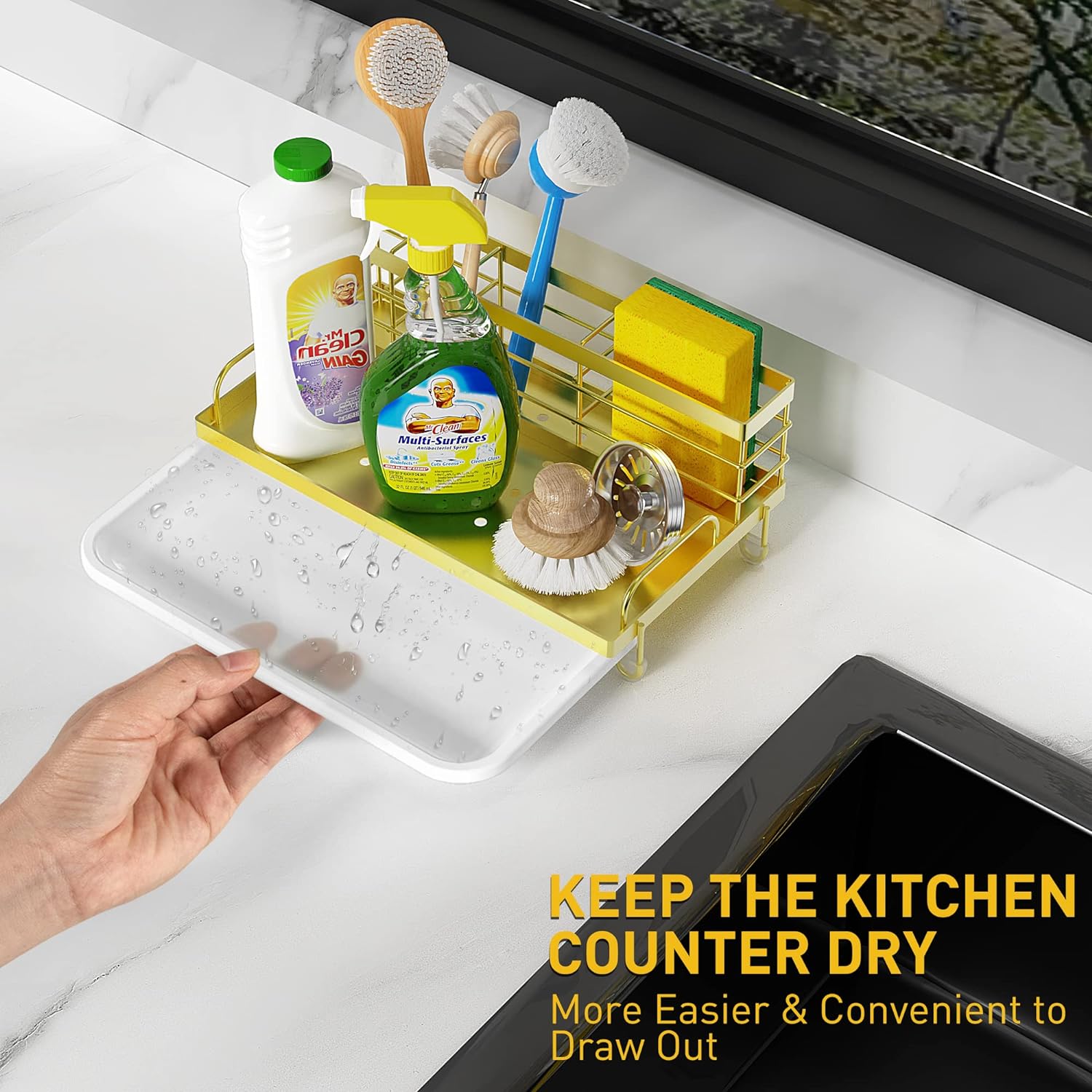 Cisily Organizador dorado para fregadero de cocina, soporte de esponja para fregadero de cocina, acero inoxidable 304, dispensador de jabonera