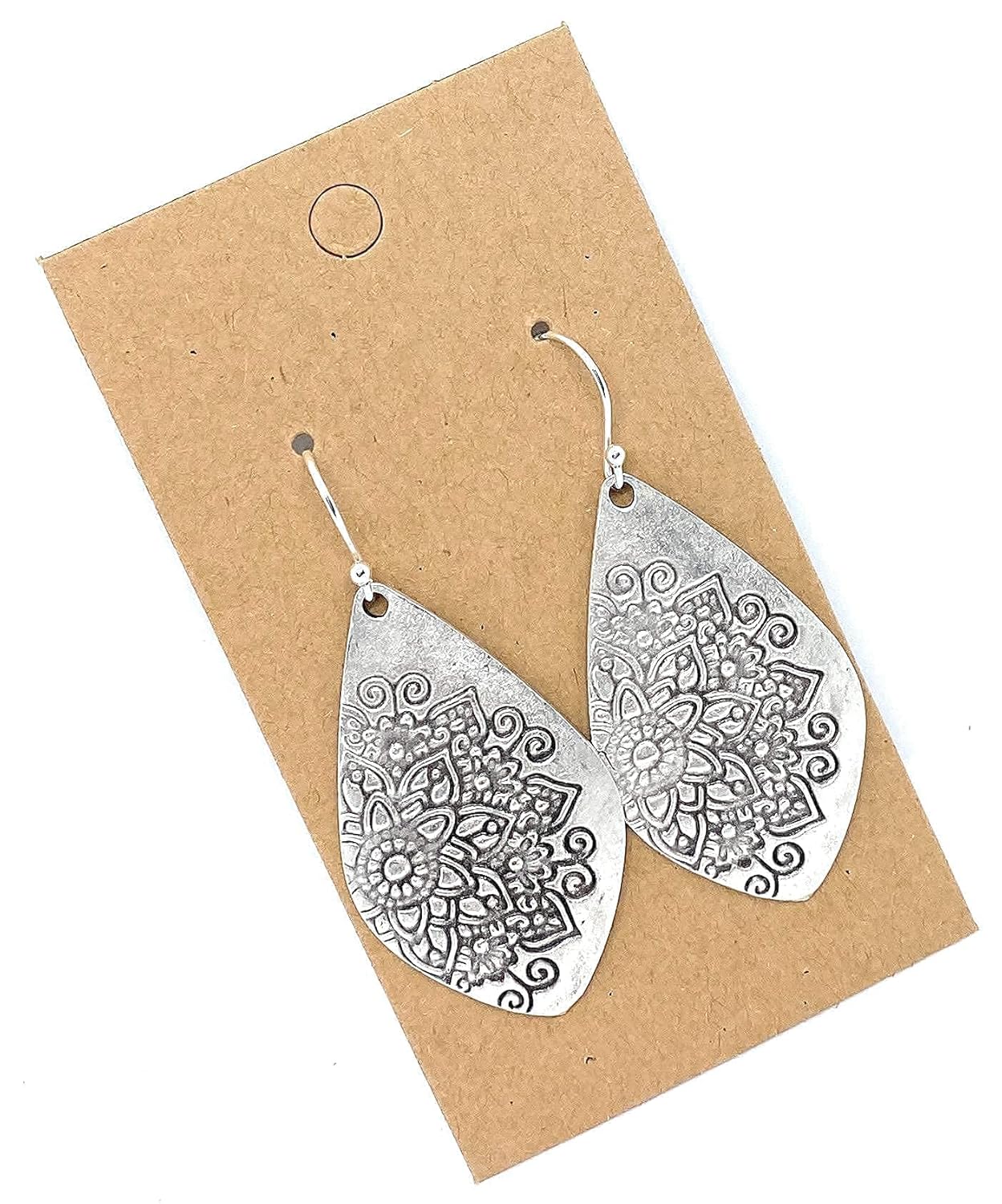 Floral Stamp Distressed Teardrops on Sterling Silver Earrings Handmade Boho Women