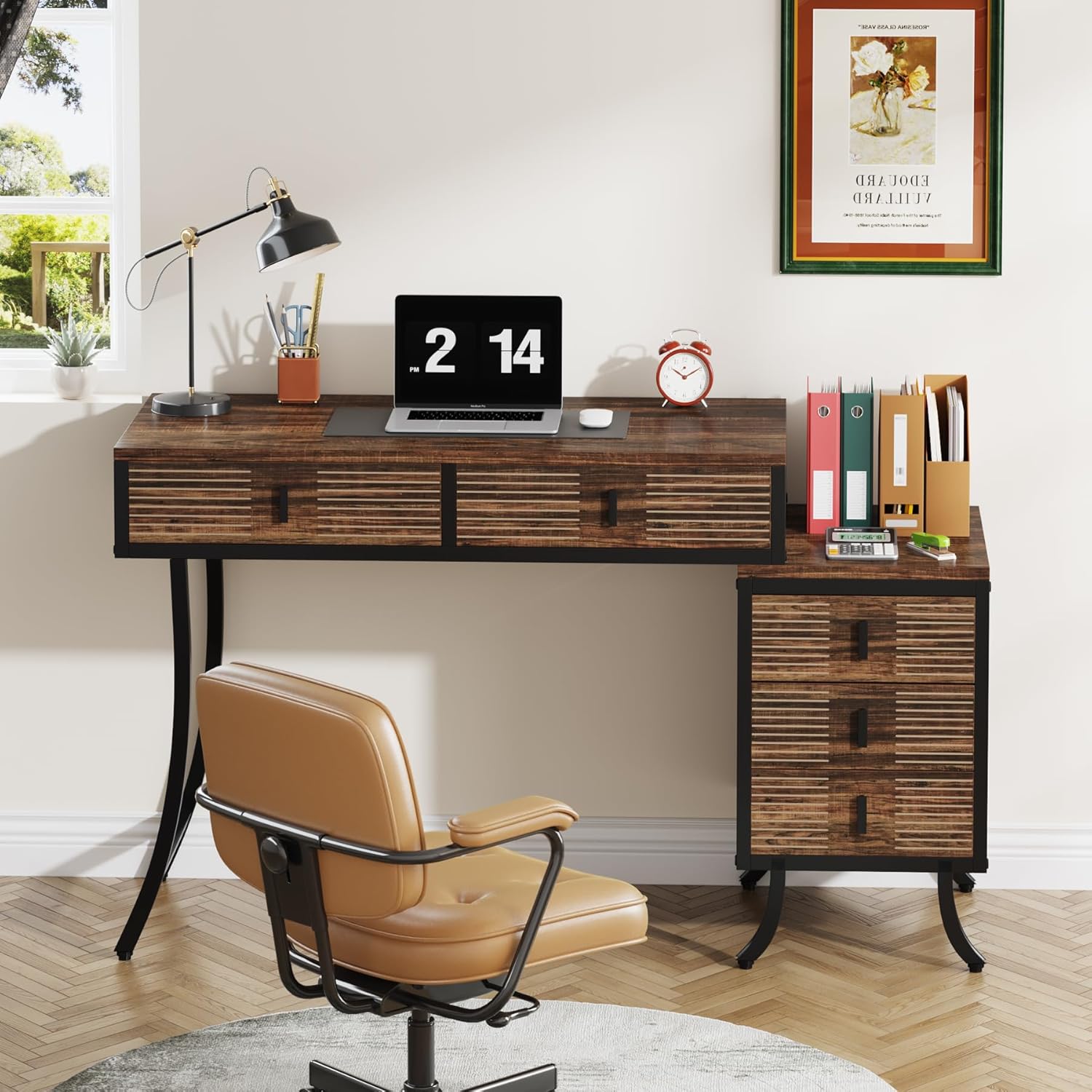 Tribesigns Escritorio para computadora con 5 cajones, escritorio de oficina en casa de 55 pulgadas con gabinete de cajón reversible, mesa de estudio