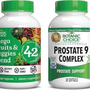 Botanic Choice Mezcla de mega frutas y verduras (60 cápsulas) + Complejo de próstata 9 (30 cápsulas blandas)  Suplemento de equilibrio energético y Botanic Choice Mezcla de mega frutas y verduras (60 cápsulas) + Complejo de próstata 9 (30 cápsulas blandas)  Suplemento de equilibrio energético y