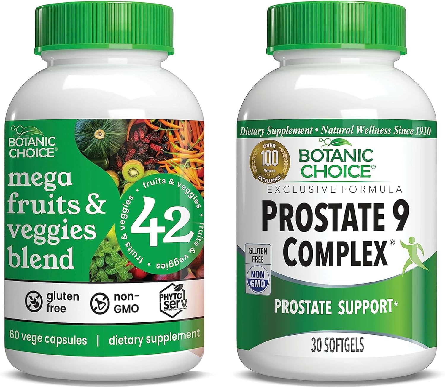Botanic Choice Mezcla de mega frutas y verduras (60 cápsulas) + Complejo de próstata 9 (30 cápsulas blandas)  Suplemento de equilibrio energético y