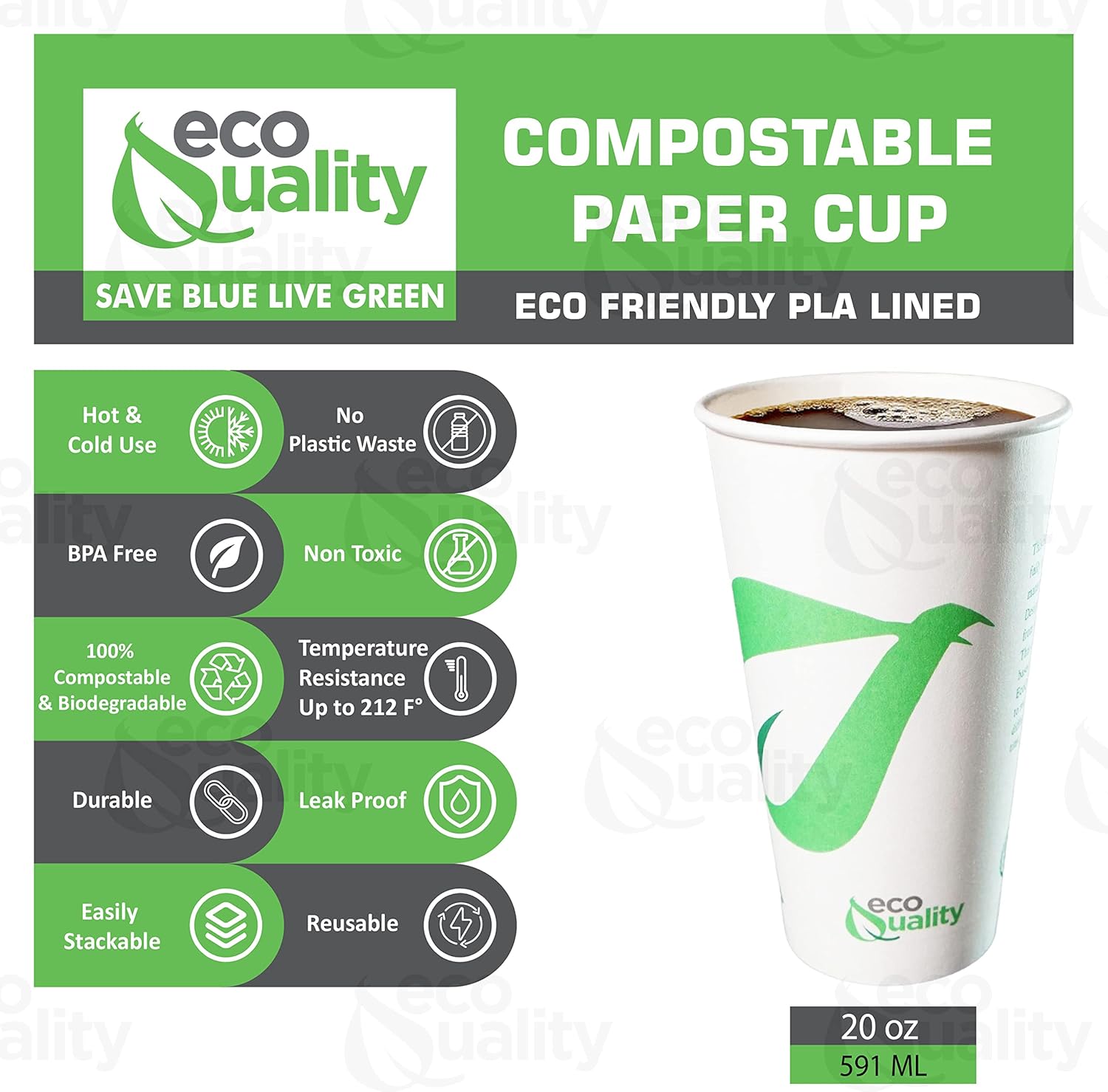 Vasos de papel compostables de 20 onzas  Tazas de café de papel blanco biodegradables desechables con forro de ácido poliláctico  Copas ecológicas