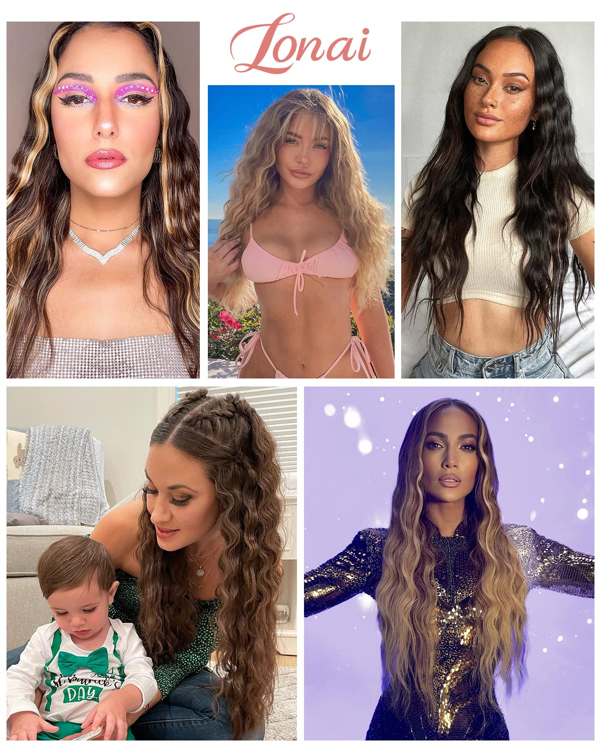 LONAI Extensiones de cabello con clip, 6 unidades, rizado de 24 pulgadas de largo, sintético, postizo para mujer, rubio ceniza natural