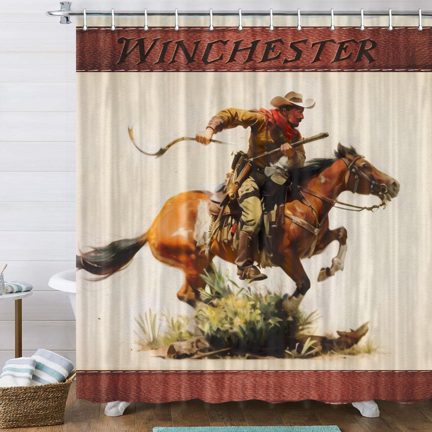JAWO Juego de cortinas de ducha occidentales con diseño de vaquero con pistola a caballo, retro, vintage, decoración de baño con temática del
