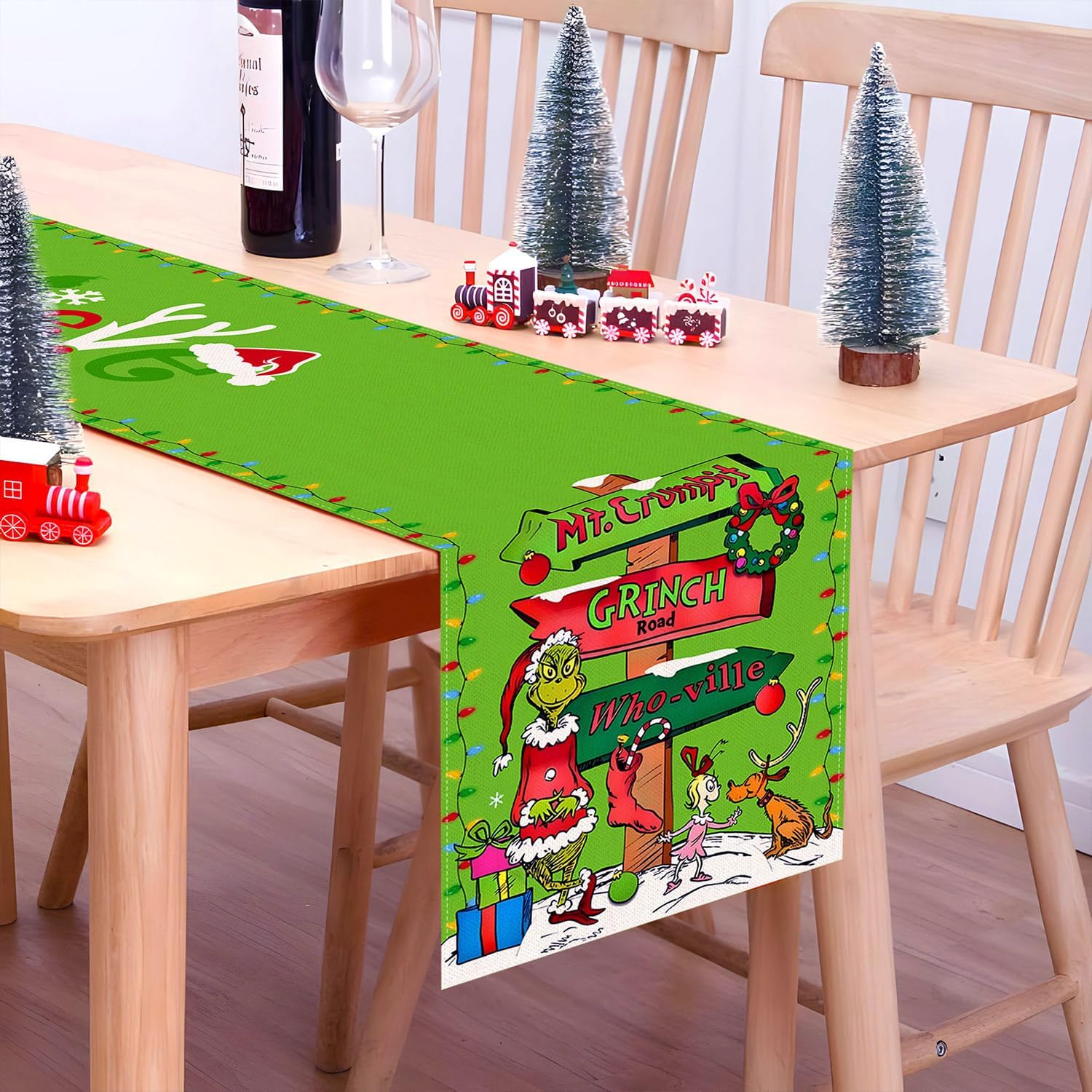 Camino de mesa Grinchmas Feliz Navidad, vacaciones de invierno, fiesta temática, cocina, comedor, decoración del hogar (verde, 13 x 90 pulgadas)