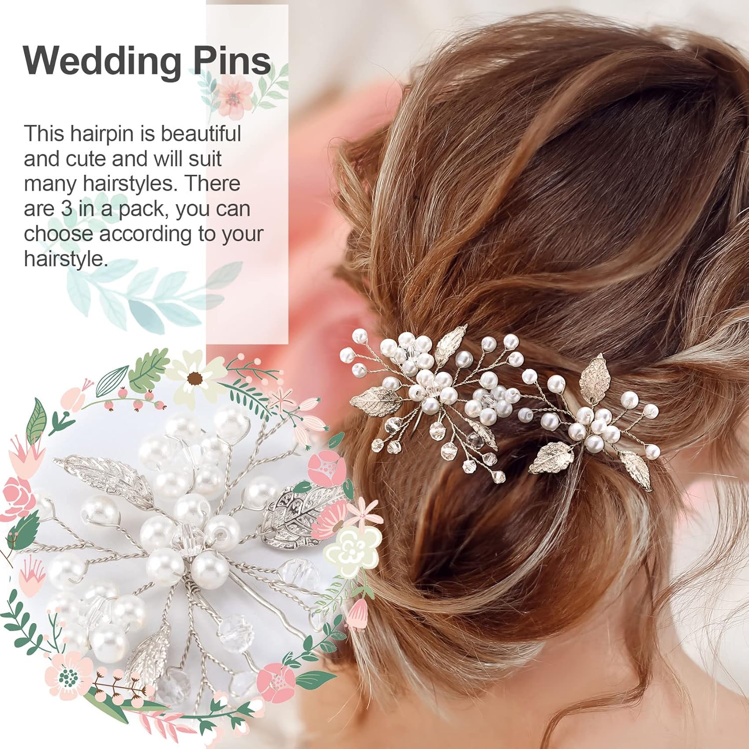 ANCIRS Paquete de 3 alfileres de peinado de boda con perlas, estilo vintage con hojas de novia, accesorios para el cabello de flores con diamantes
