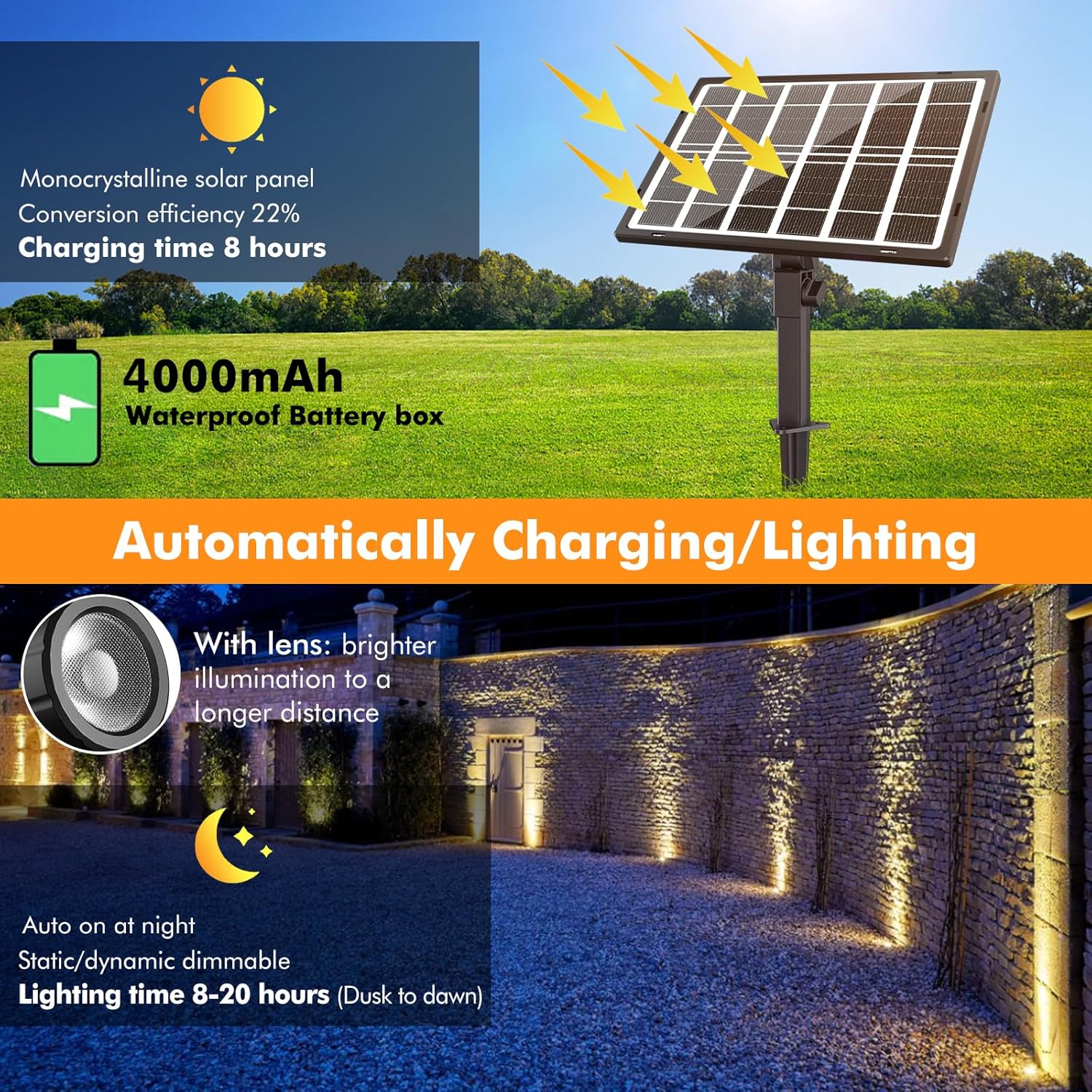 CLY Luces solares LED 3 en 1, IP66 impermeables para exteriores, 2 brillos de 3 colores, 6 V, 3 W, luces solares de encendido y apagado automático,