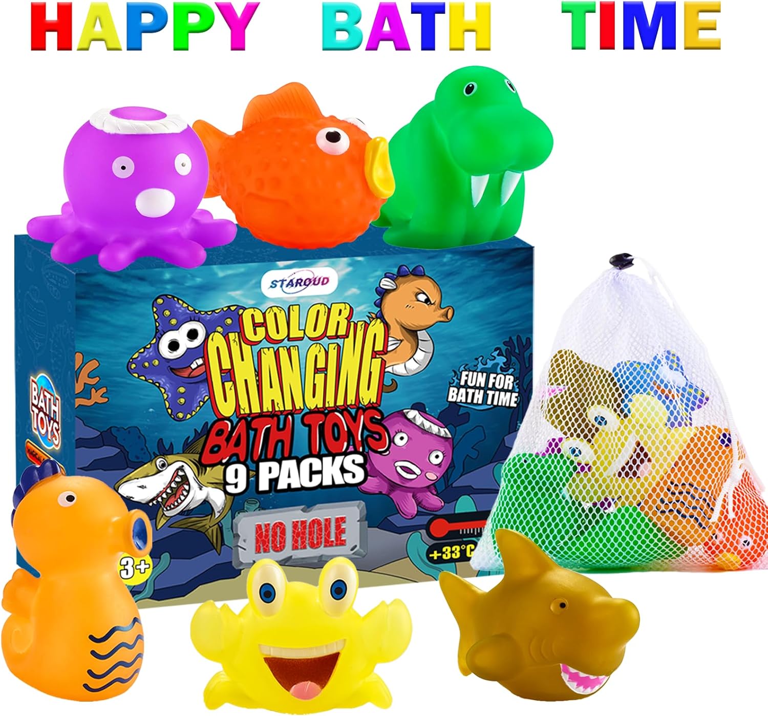 Juguetes de baño sin moho que cambian de color para niños pequeños, criaturas marinas que cambian de color, juguetes de animales del océano con