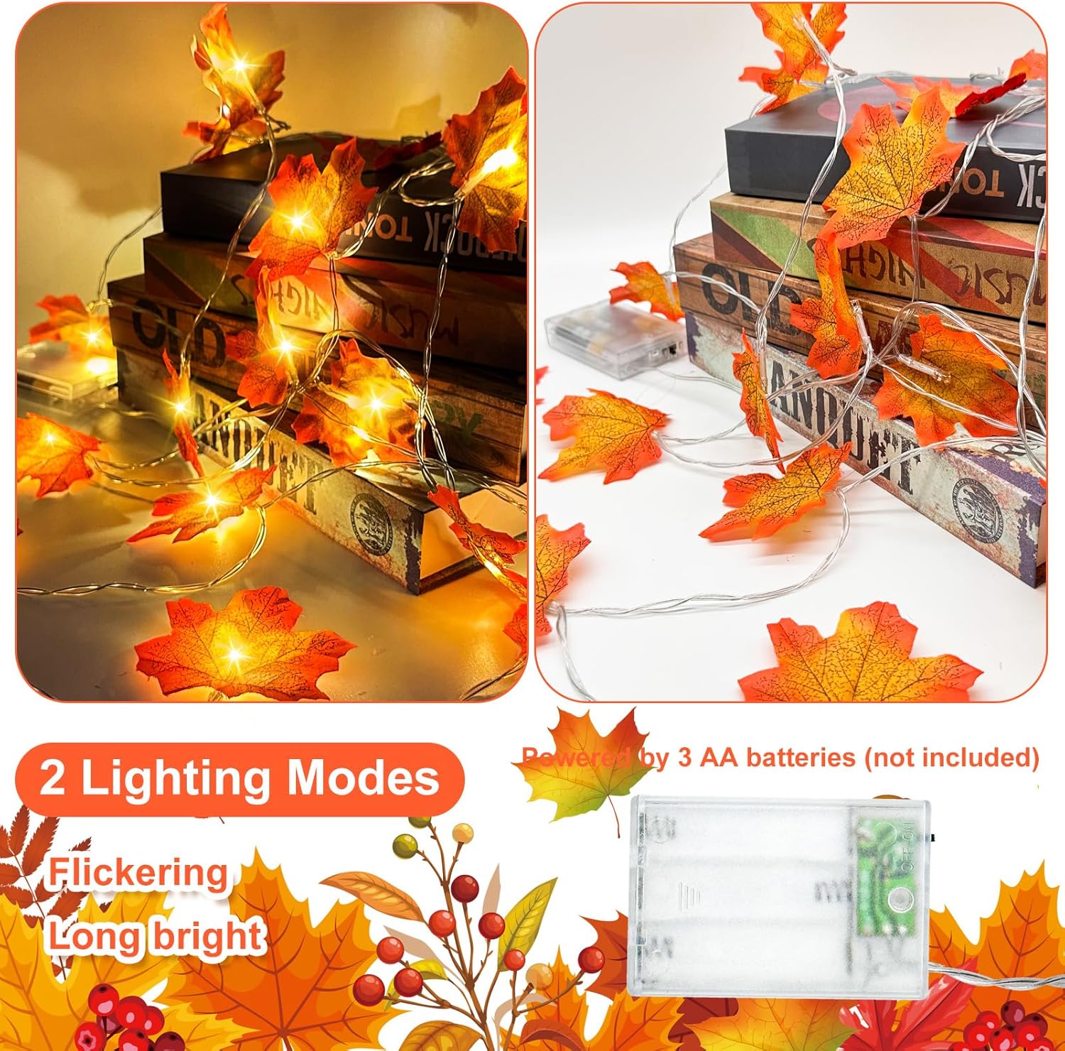 Decoraciones de otoño, guirnalda de oropel con purpurina de 33 pies, 40 luces LED de hojas de arce, hojas de arce artificiales para boda, calabaza,