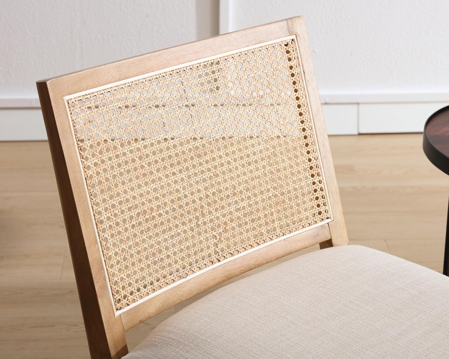 VESCASA Silla decorativa tapizada con respaldo cuadrado de ratán, silla sin brazos con asiento acolchado para sala de estar, lino beige con patas de
