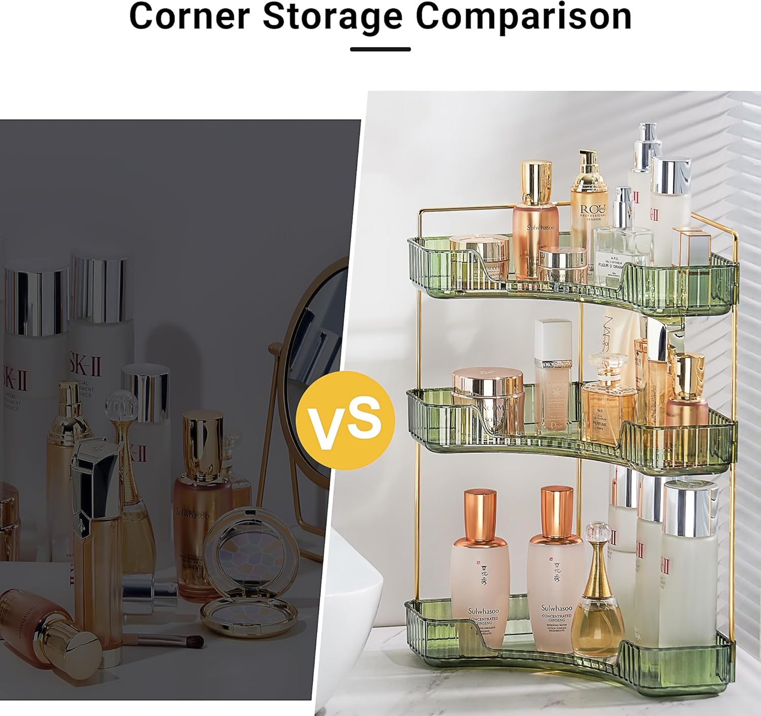 Organizador de maquillaje para esquina de baño, soporte organizador de maquillaje verde de 3 niveles, estante de perfume acrílico de gran capacidad,