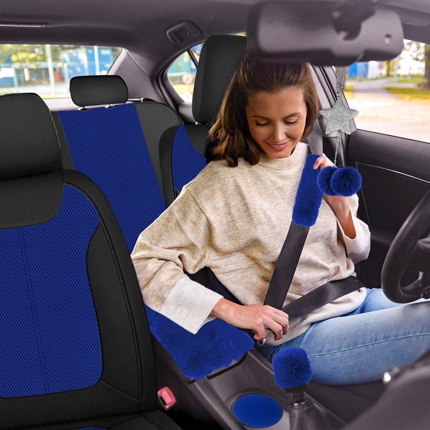 JINGSEN Juego completo de 17 fundas de asiento de automóvil 3D de malla de aire 3D para mujer, esponja compuesta de 0.197 in, paño de malla de aire