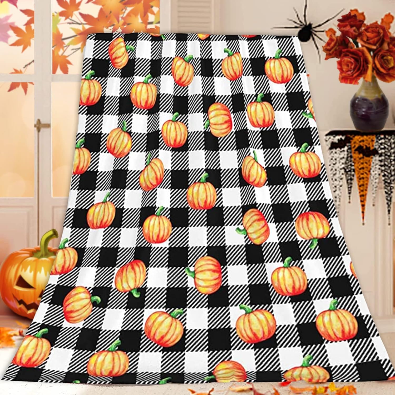 FJPT Manta de otoño de Acción de Gracias, diseño de búfalo blanco y negro con calabazas naranjas, manta de franela de vellón para sofá, cama, sofá,