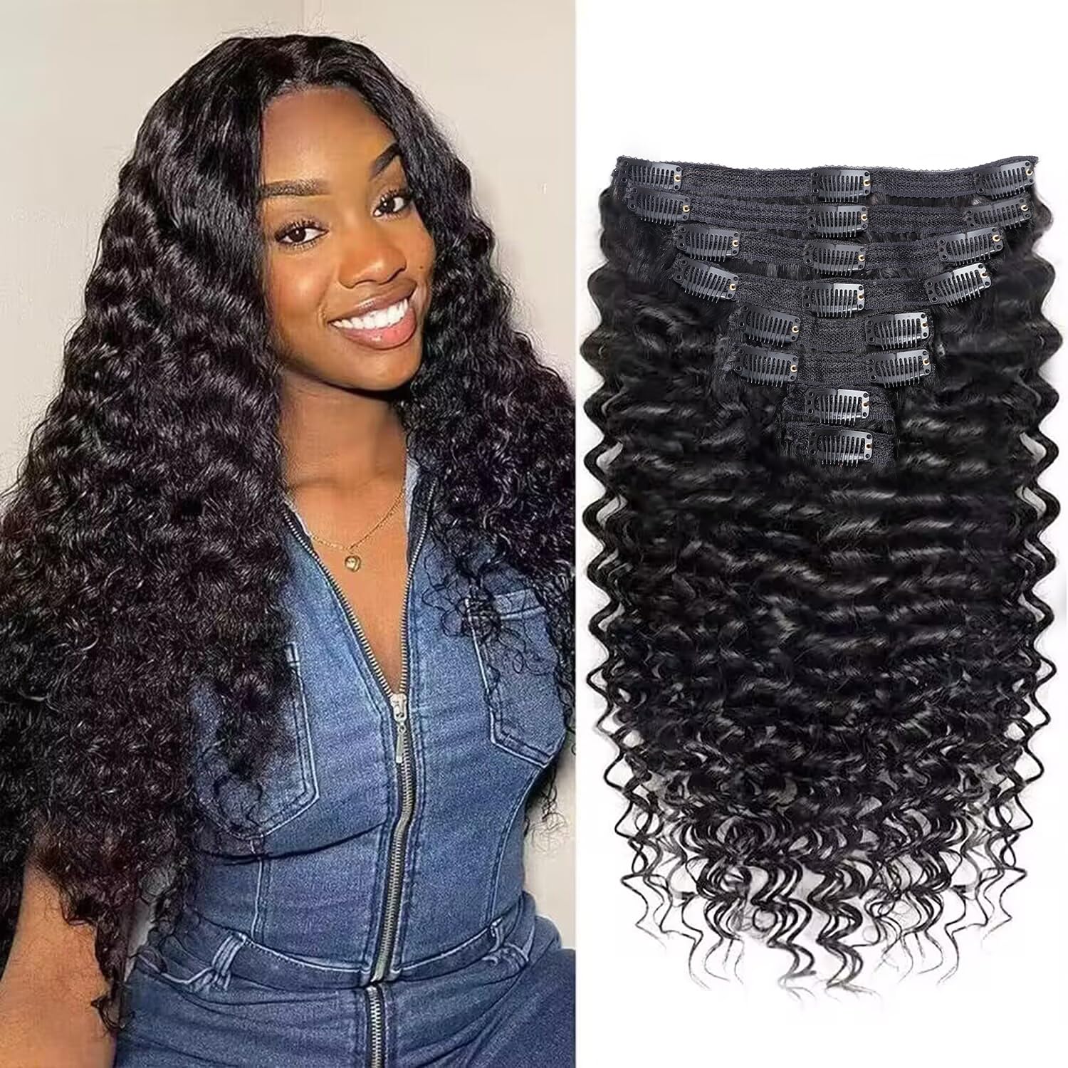Extensiones de cabello humano ondulado profundo con clip para mujeres negras, 8 piezas, 18 clips, doble trama, extensiones de cabello humano