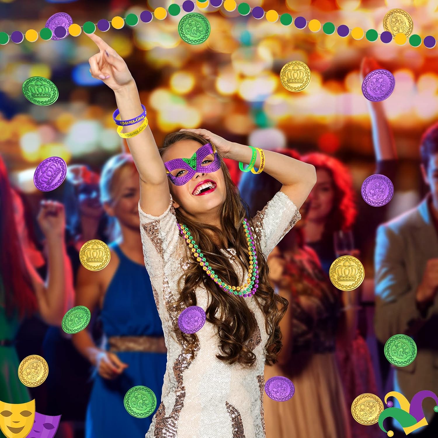 120 unidades de Mardi Gras, recuerdos de fiesta, Mardi Gras, máscaras de ojos de plástico, morado, verde, dorado, monedas, collares, pulseras de