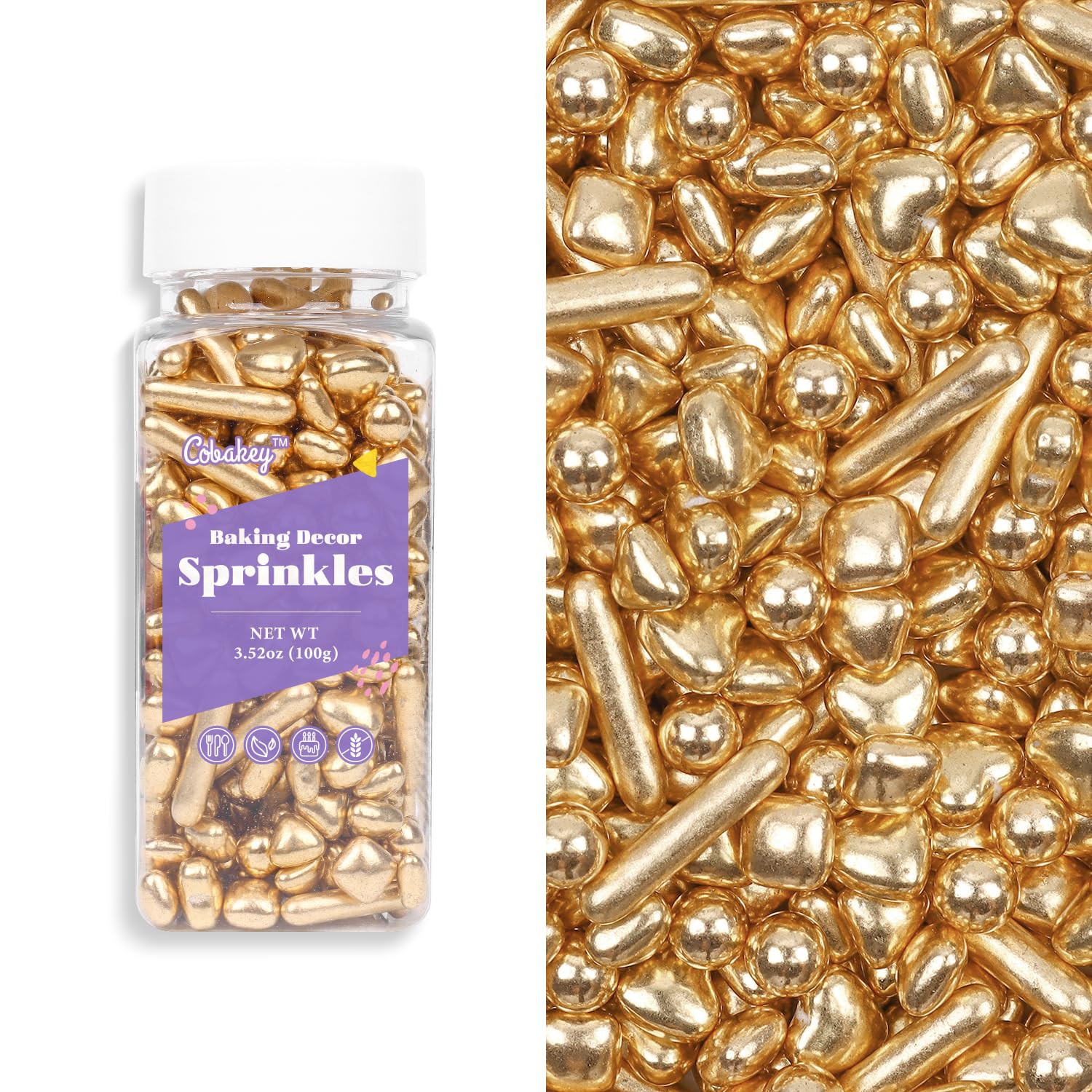 Cobakey Gránulos dorados brillantes para decoración de pasteles, 3.52 onzas, perlas doradas de azúcar para cupcakes, bodas, fiestas, San Valentín,