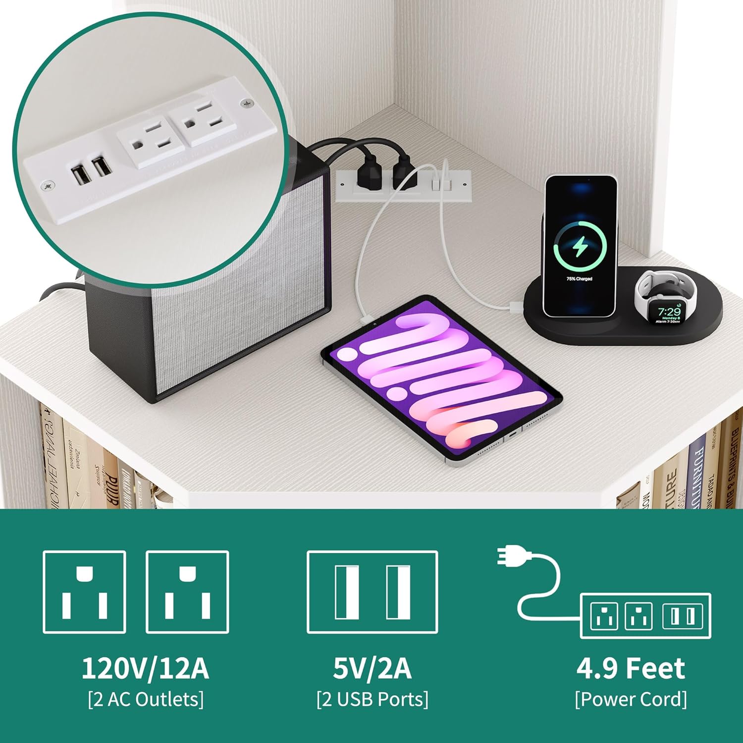 YITAHOME Estante esquinero con puertos USB y tomacorrientes, moderno estante de almacenamiento de esquina para gabinete, estación de carga,