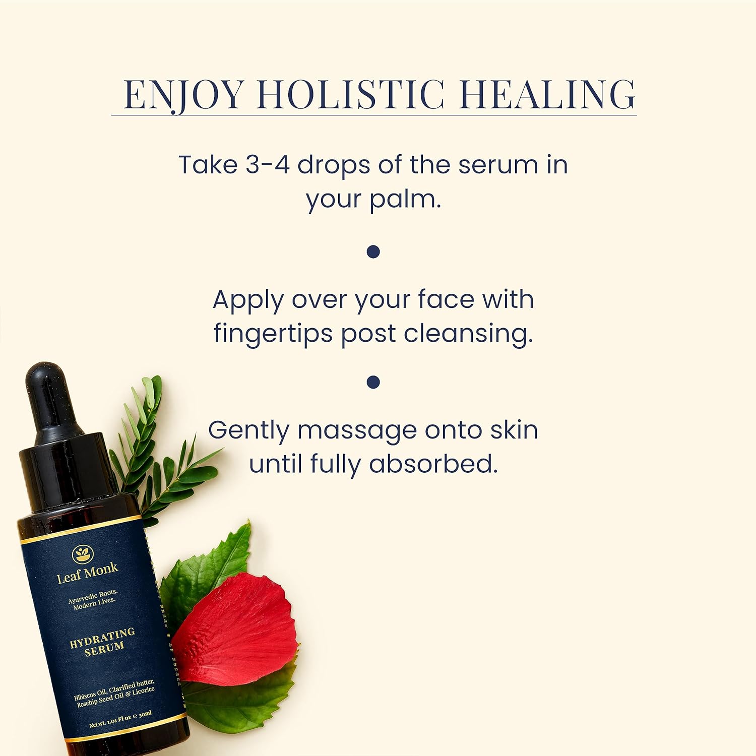Suero facial hidratante con aceite de semilla de rosa mosqueta ayurvédica con hibisco, regaliz y ghee  Para un brillo radiante y suavizante de la
