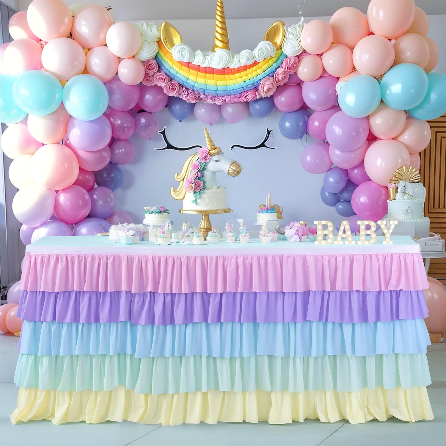 Falda de mesa tutú de unicornio arcoíris de 9 pies para mesas redondas rectangulares, mantel de gasa para decoración de fiesta de cumpleaños de