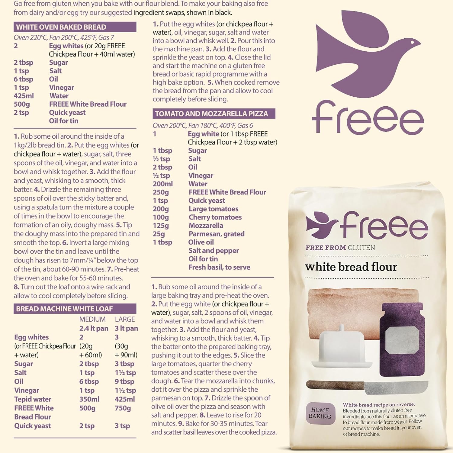 Freee Harina de pan blanco – 2.2 lbs  Harina multiusos premium sin gluten para hornear  Ideal para pan, panecillos y pasteles  Apto para veganos